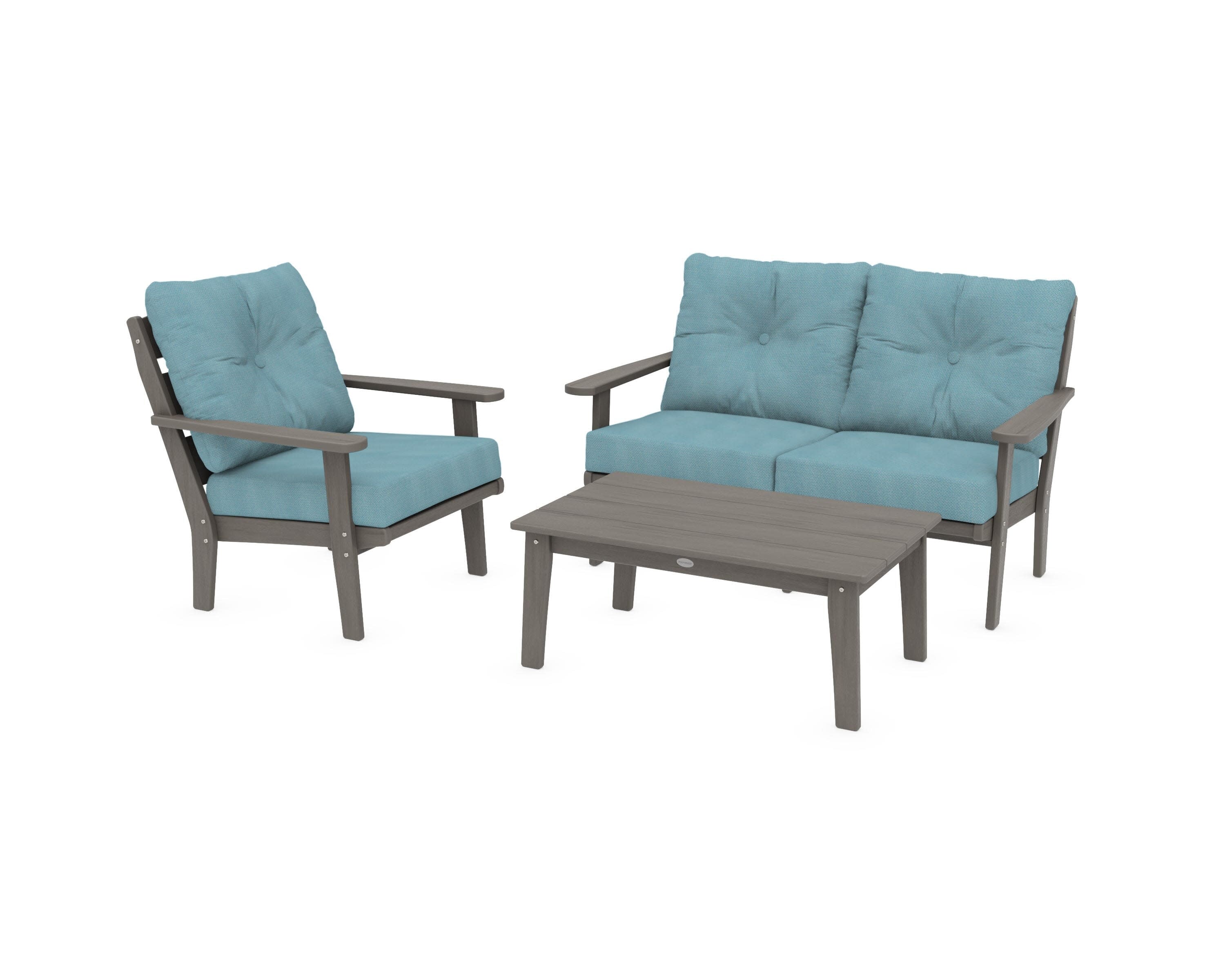 Lakeside 3-Piece Deep Seating Set in Driftwood / Lattice Sky Blue