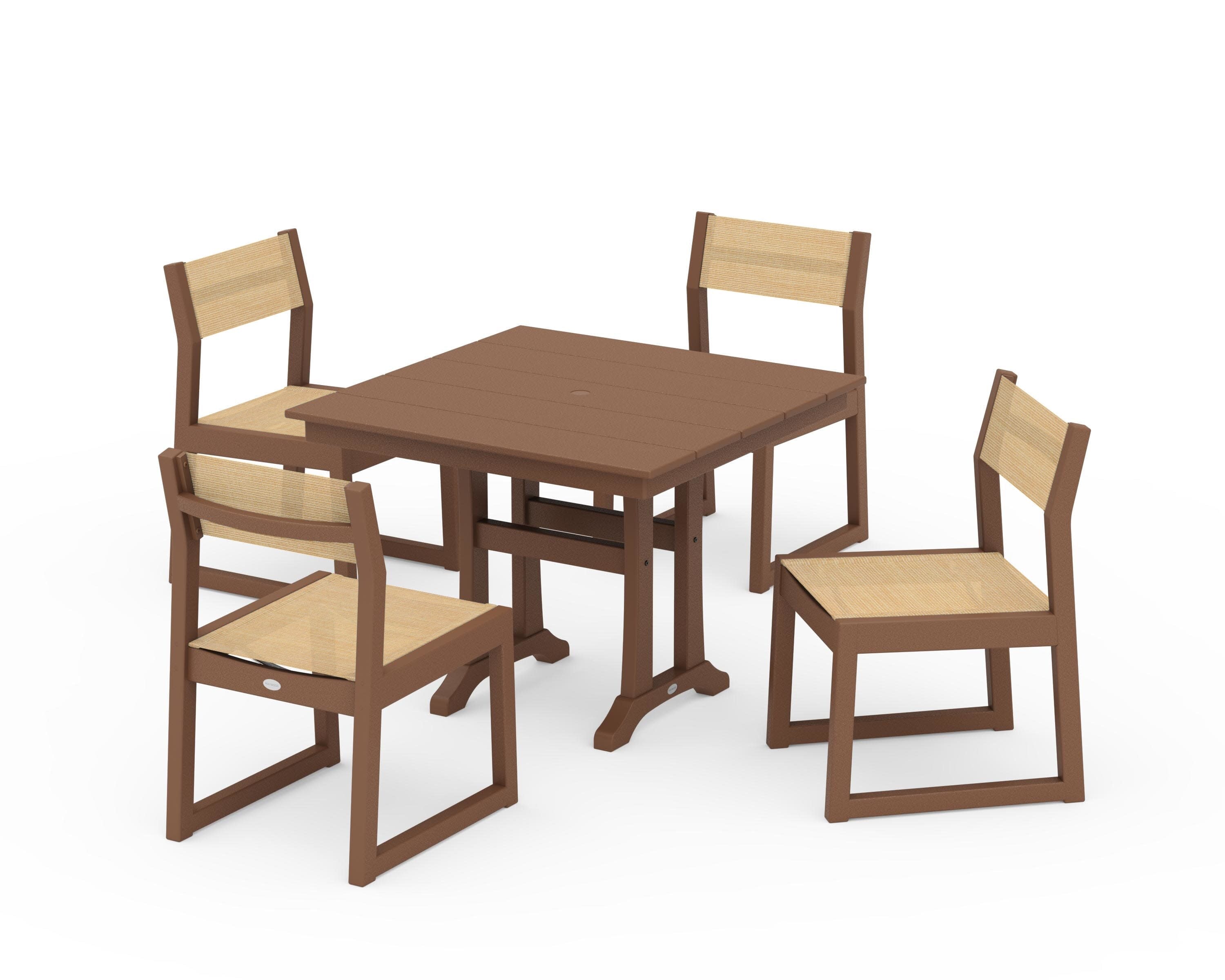 EDGE Sling 5-Piece Farmhouse Trestle Side Chair Dining Set in Teak / Dupioni Apricot Sling