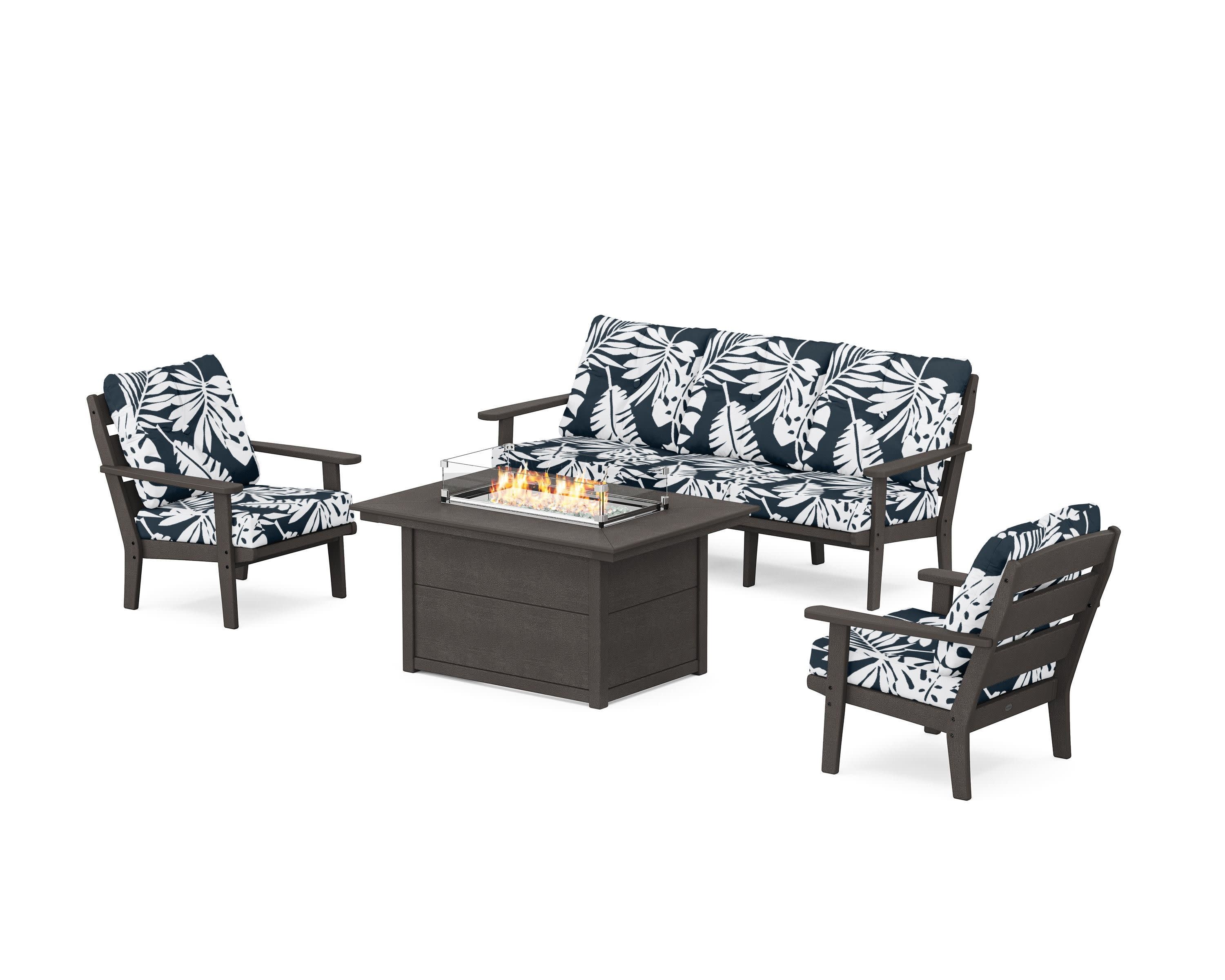 Lakeside Deep Seating Fire Pit Table Set in Vintage Coffee / Leaf Marine Indigo