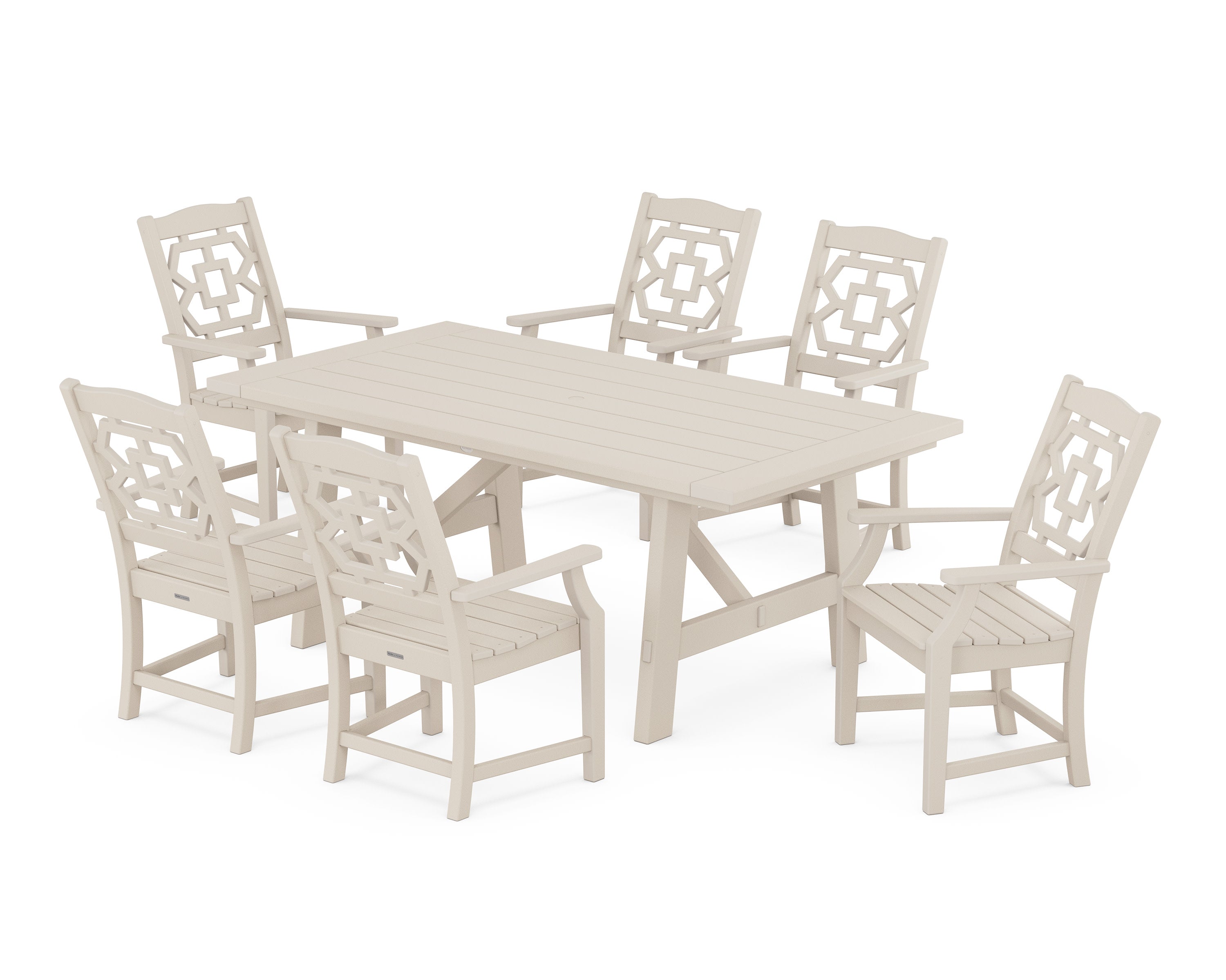Chinoiserie Arm Chair 7-Piece Rustic Farmhouse Dining Set in Sand