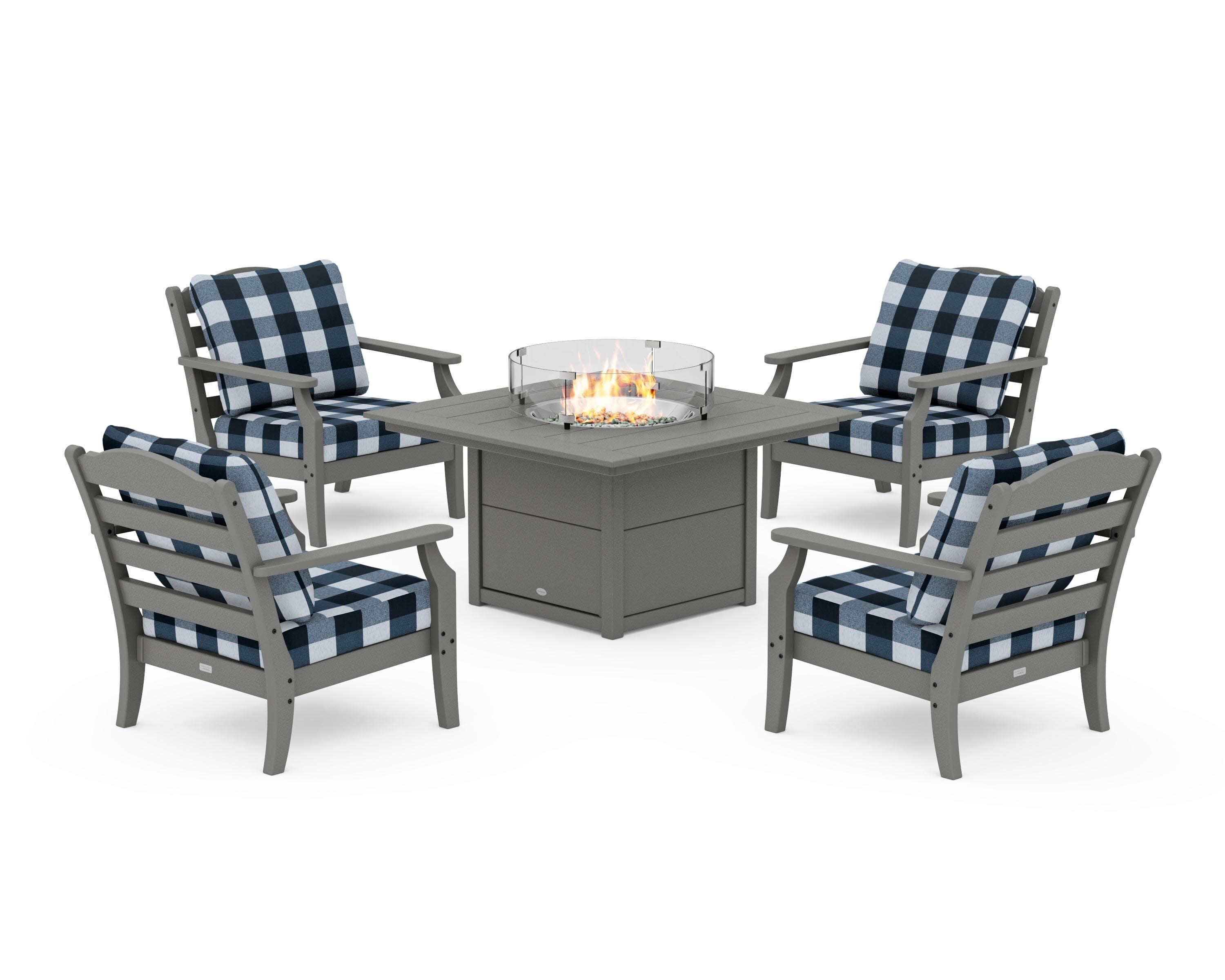 Savannah 5-Piece Deep Seating Set with Fire Pit Table in Slate Grey / Buffalo Plaid Marine Indigo