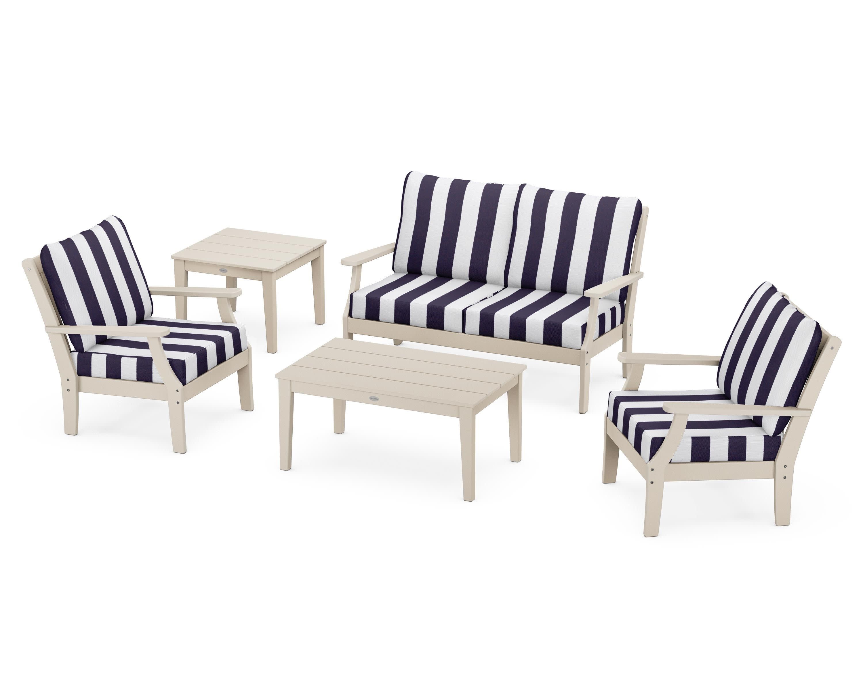 Braxton 5-Piece Deep Seating Set in Sand / Cabana Stripe Navy