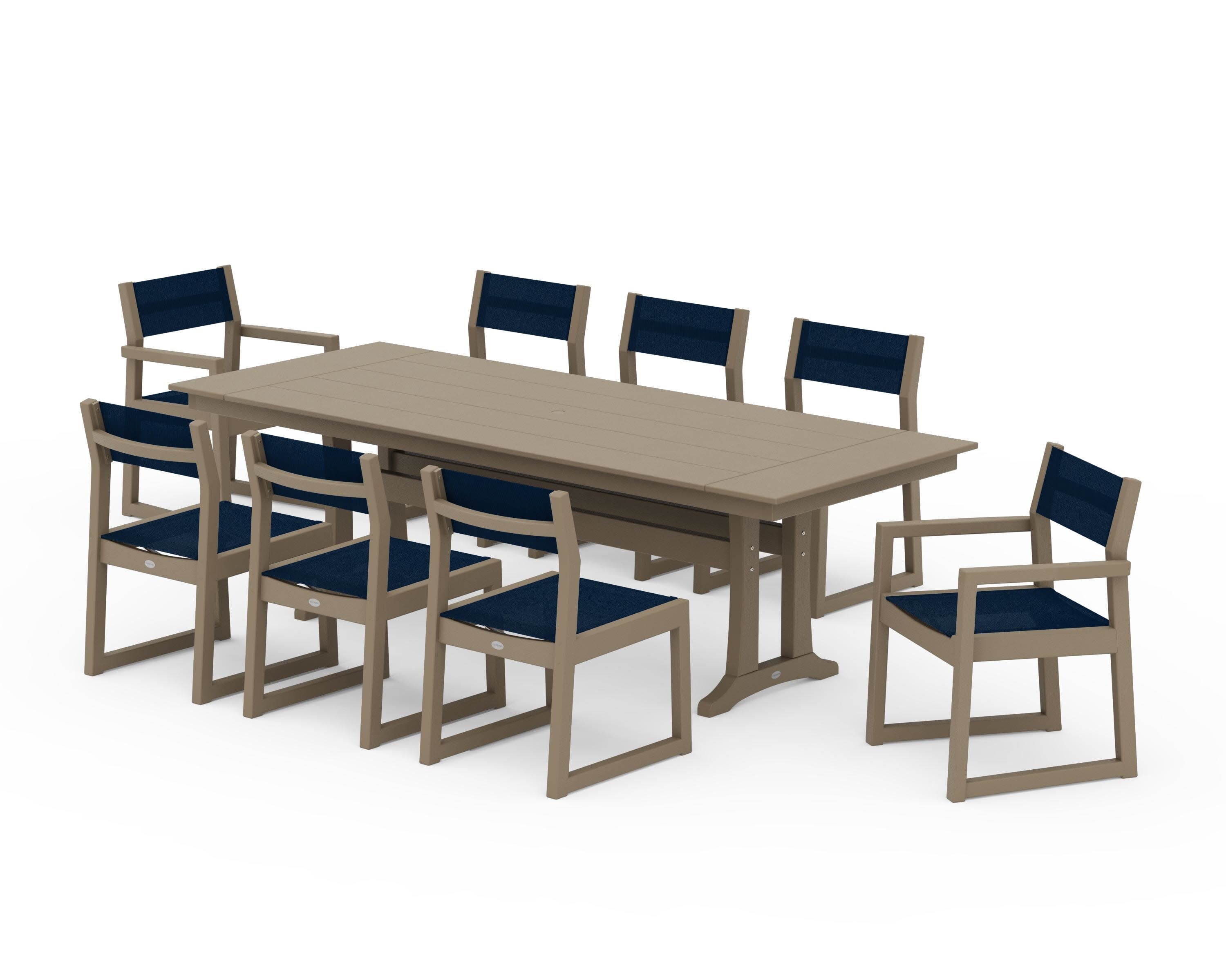 EDGE Sling 9-Piece Farmhouse Trestle Dining Set in Vintage Sahara / Navy Blue Sling