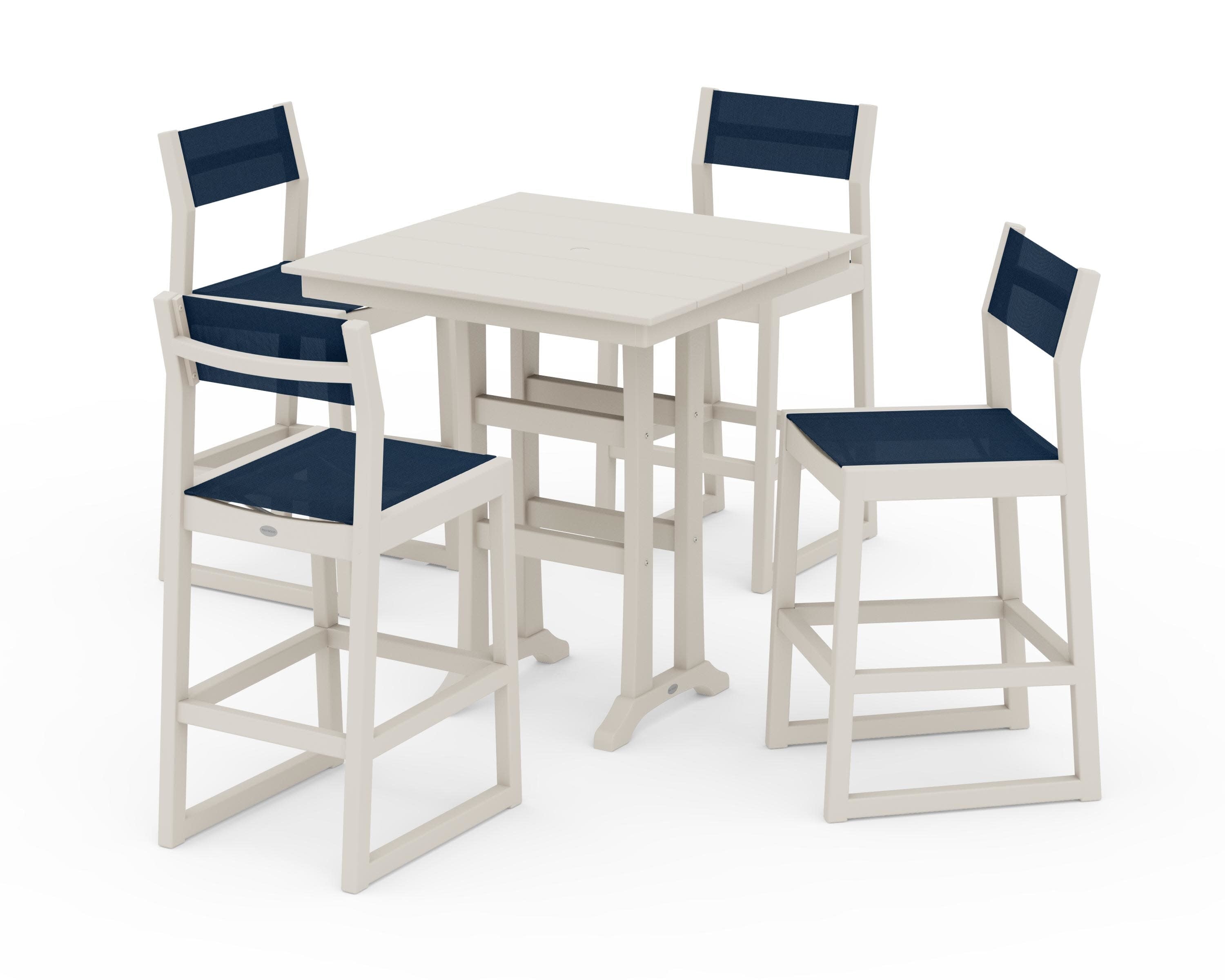 EDGE Sling Arm Chair 5-Piece Farmhouse Bar Set with Trestle Legs in Sand / Navy Blue Sling