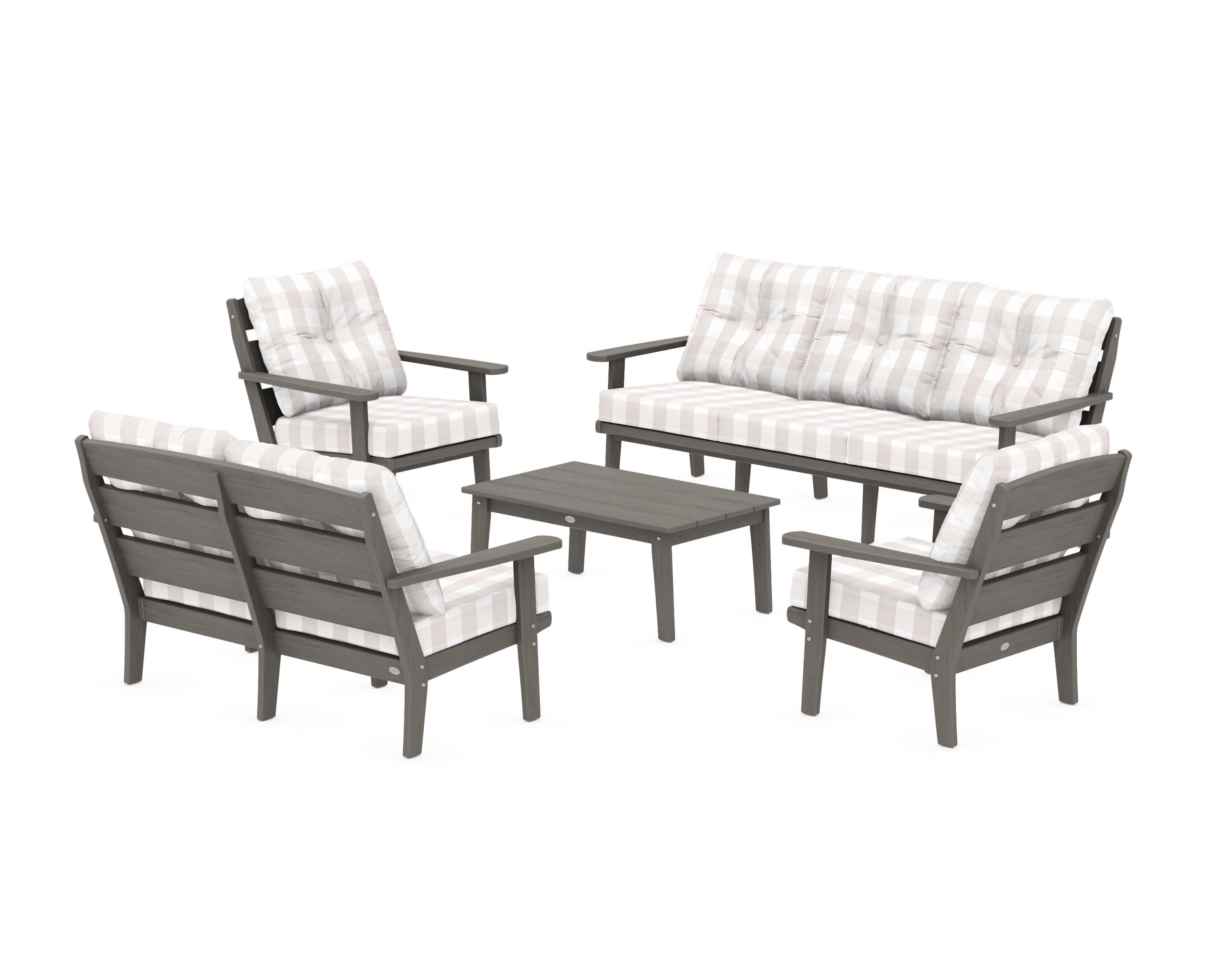 Lakeside 5-Piece Lounge Sofa Set in Driftwood / Buffalo Plaid Dune Burlap