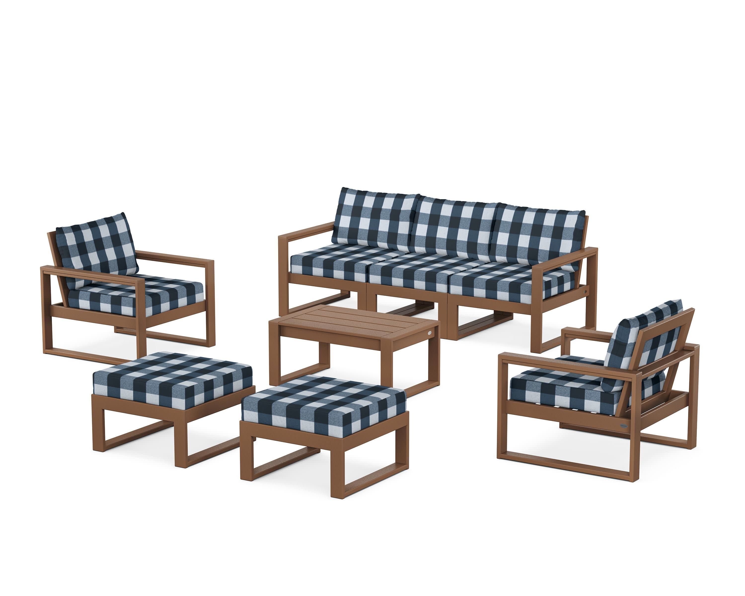 EDGE Sectional 8-Piece Lounge Sofa Set in Teak / Buffalo Plaid Marine Indigo