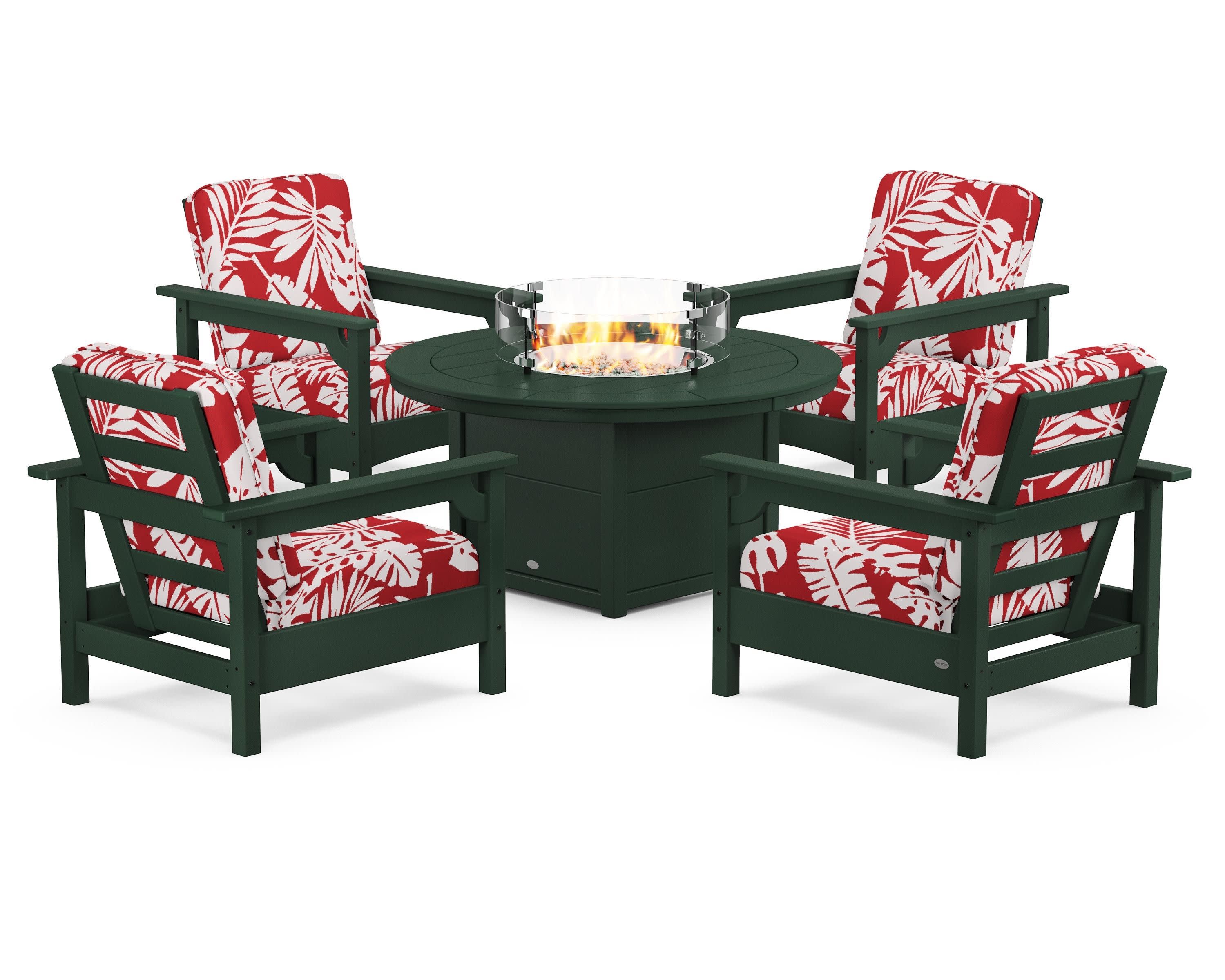 Club 5-Piece Conversation Set with Fire Pit Table in Green / Leaf Crimson