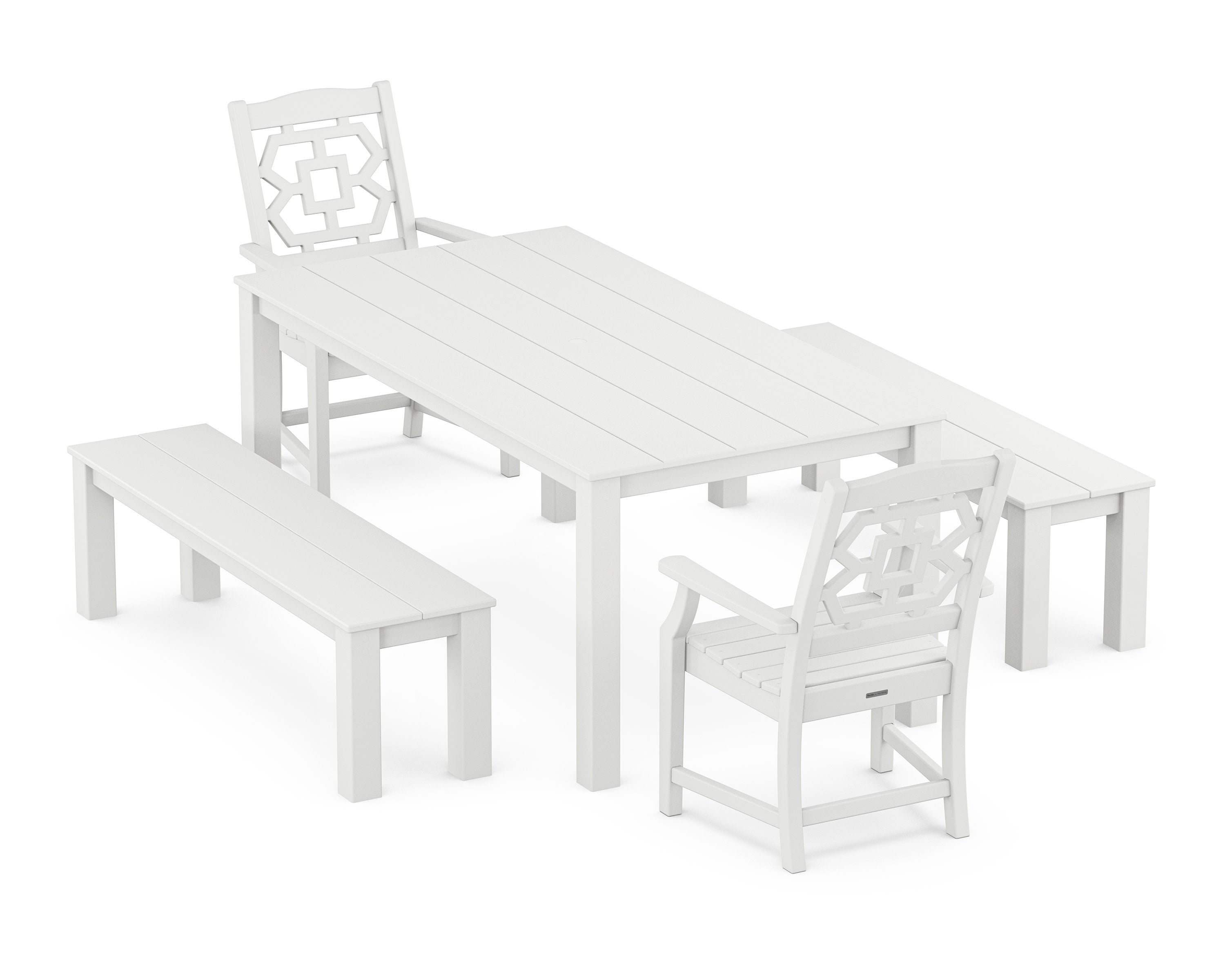 Chinoiserie 5-Piece Parsons Dining Set with Benches in White