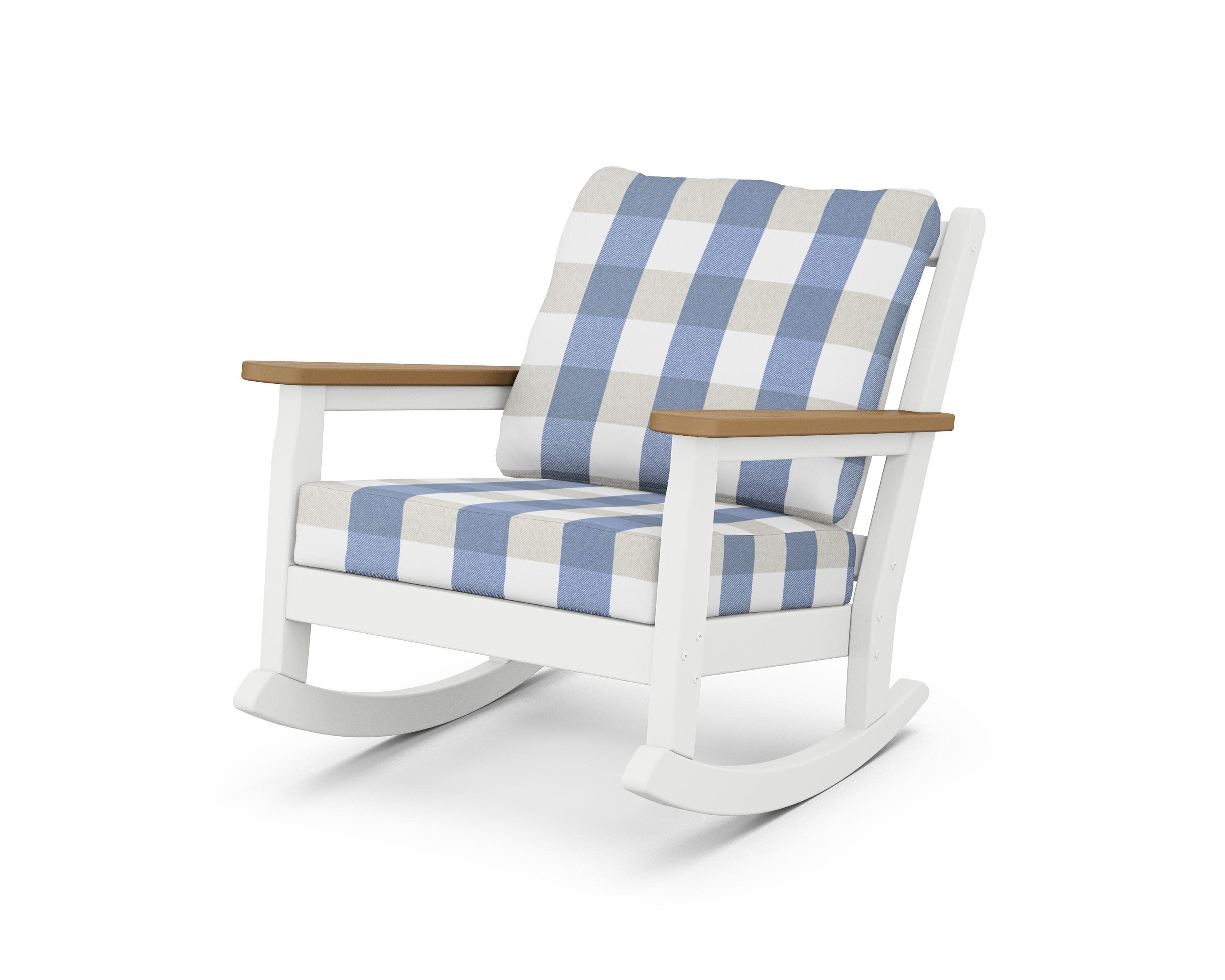 Chippendale Deep Seating Rocking Chair in White / Natural / Buffalo Plaid Sky Blue