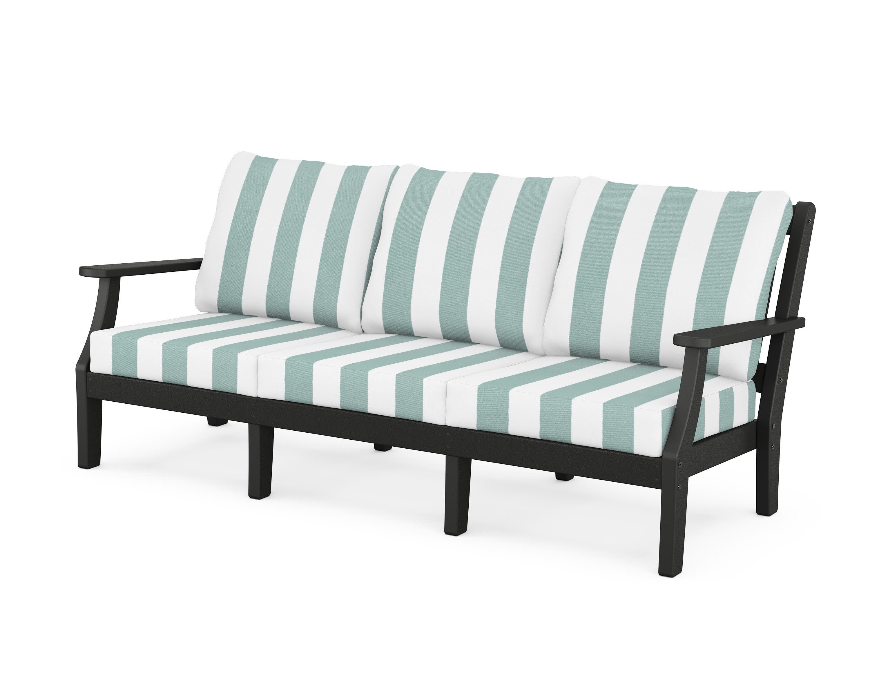 Chinoiserie Deep Seating Sofa in Black / Cabana Stripe Glacier Spa