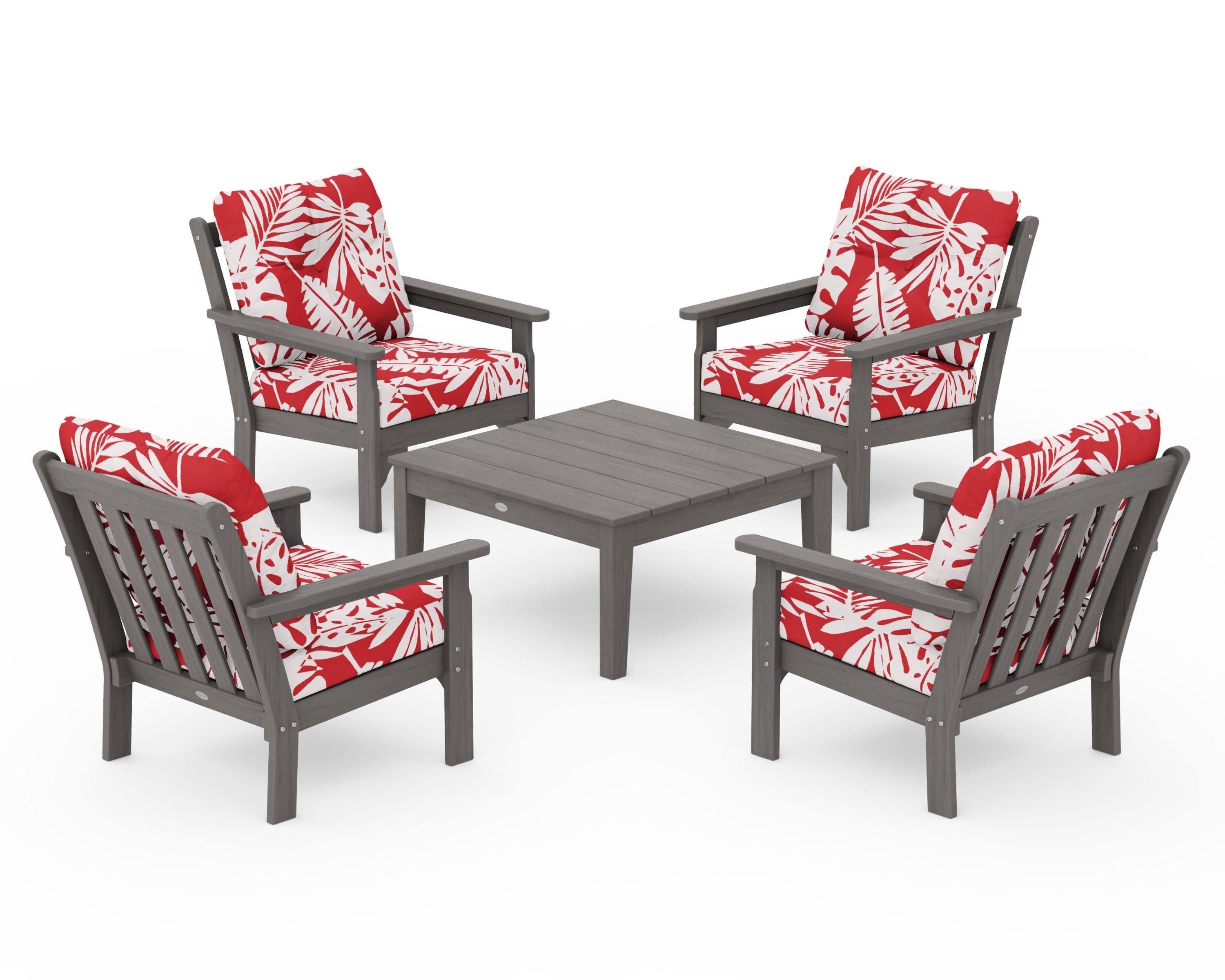 Vineyard 5-Piece Deep Seating Conversation Set in Driftwood / Leaf Crimson