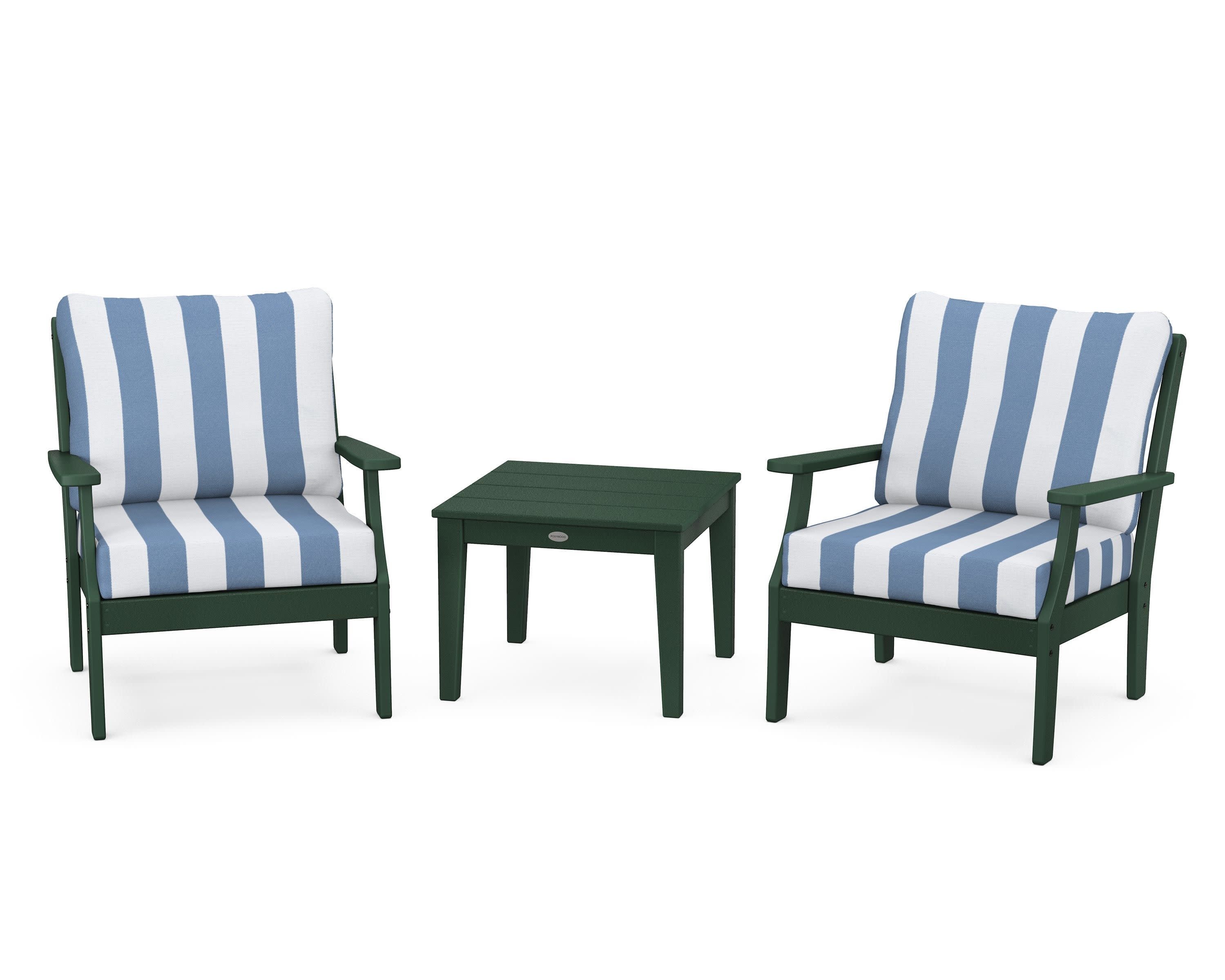 Braxton 3-Piece Deep Seating Set in Green / Cabana Stripe Sky Blue