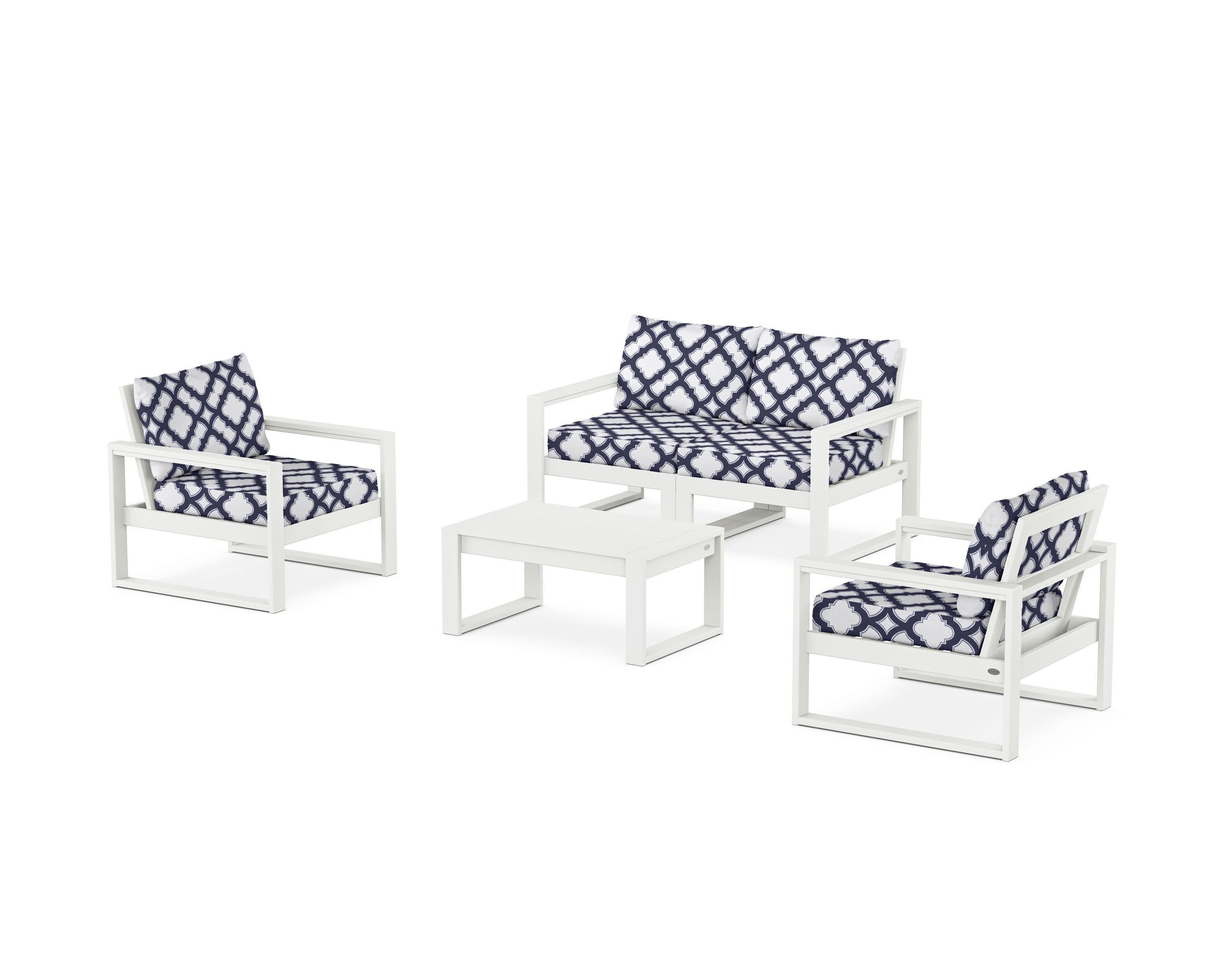 EDGE Sectional 4-Piece Deep Seating Set with Loveseat in Vintage White / Trellis Navy