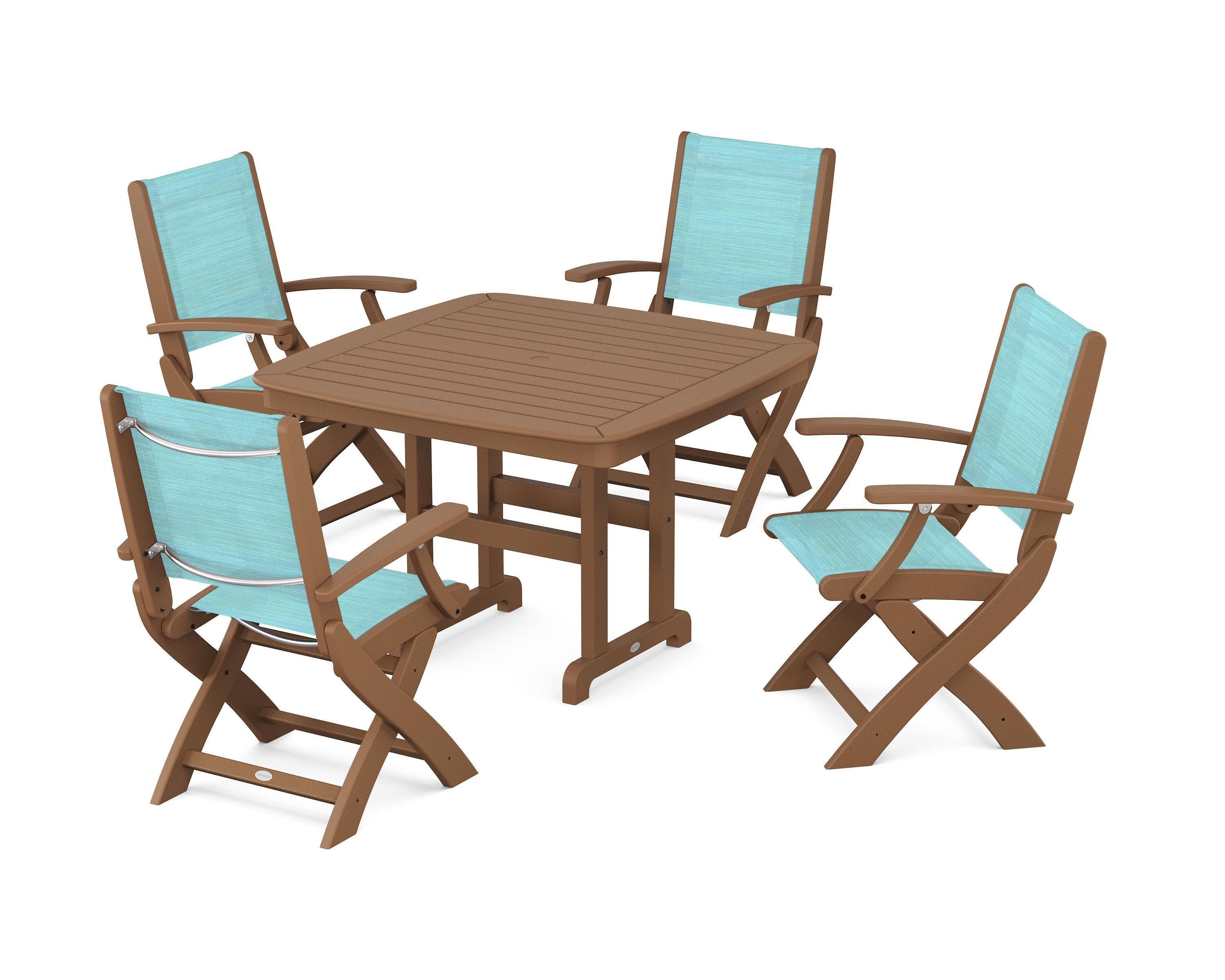 Coastal Folding Chair 5-Piece Dining Set in Teak / Dupioni Aquamarine Sling