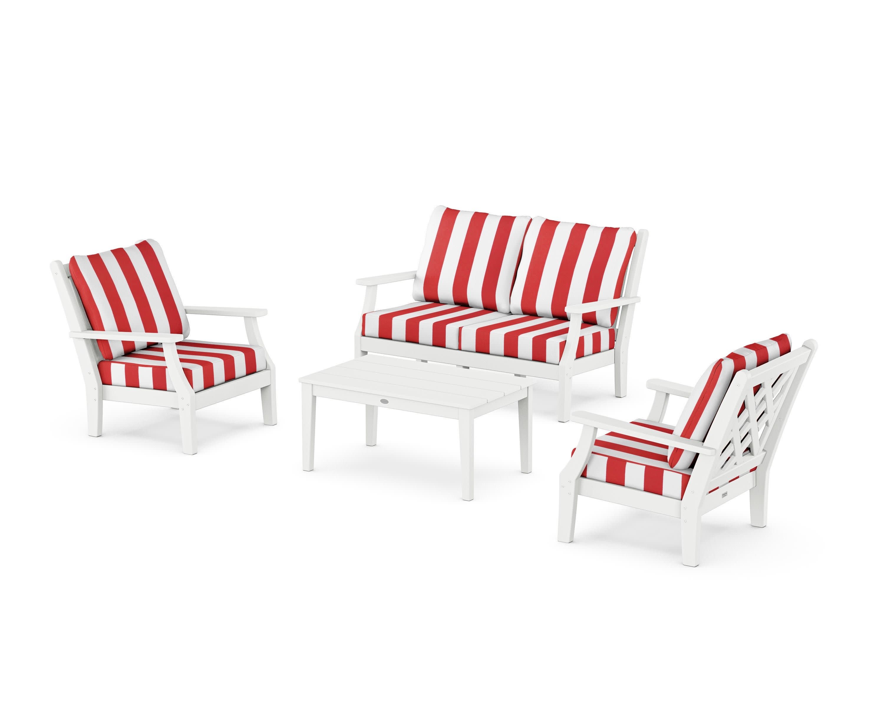 Wovendale 4-Piece Deep Seating Set with Loveseat in White / Cabana Stripe Crimson