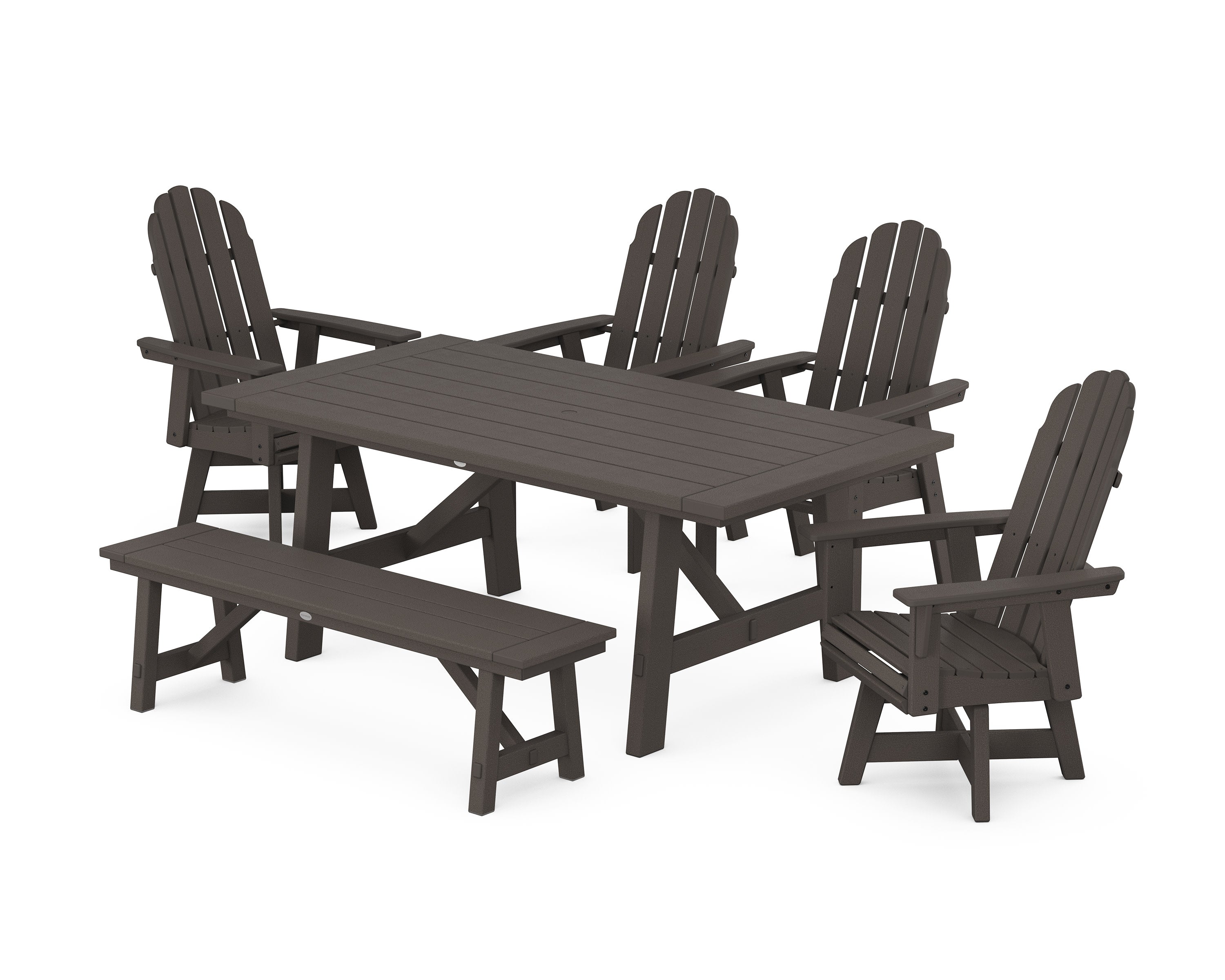 Vineyard Curveback Adirondack Swivel Chair 6-Piece Rustic Farmhouse Dining Set With Bench in Vintage Coffee