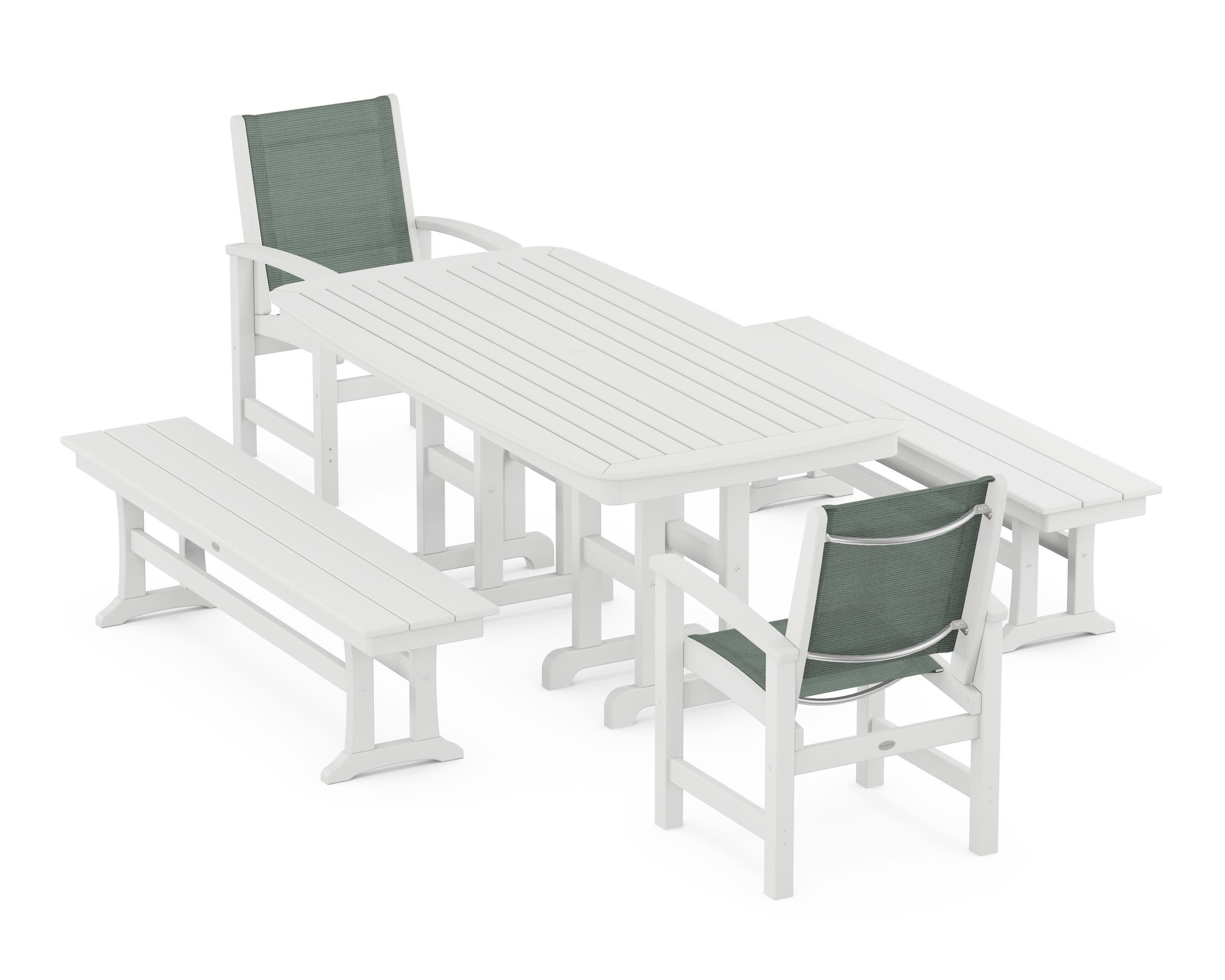 Coastal 5-Piece Dining Set in White / Dupioni Sea Mist Sling