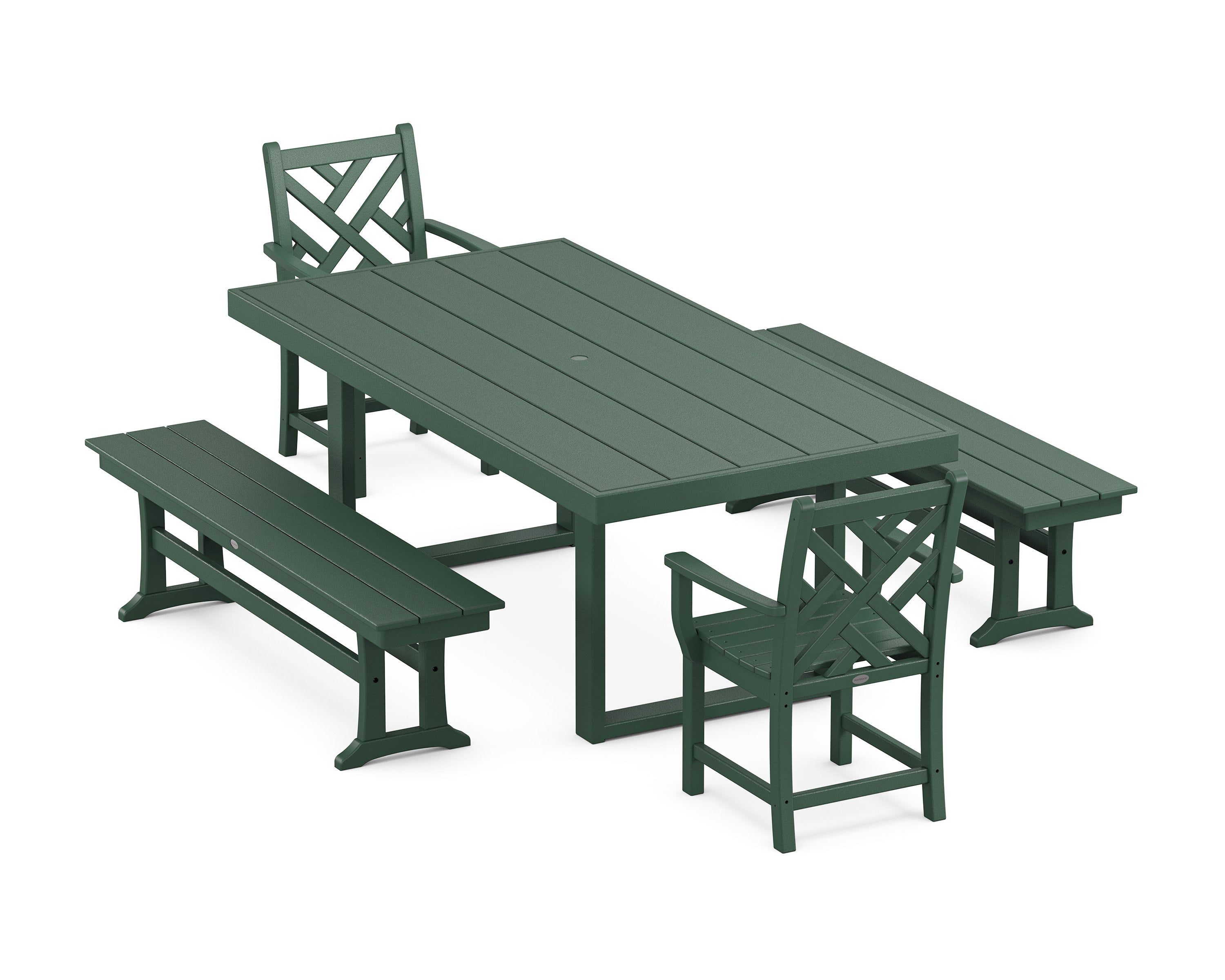 Chippendale 5-Piece Dining Set with Benches in Green