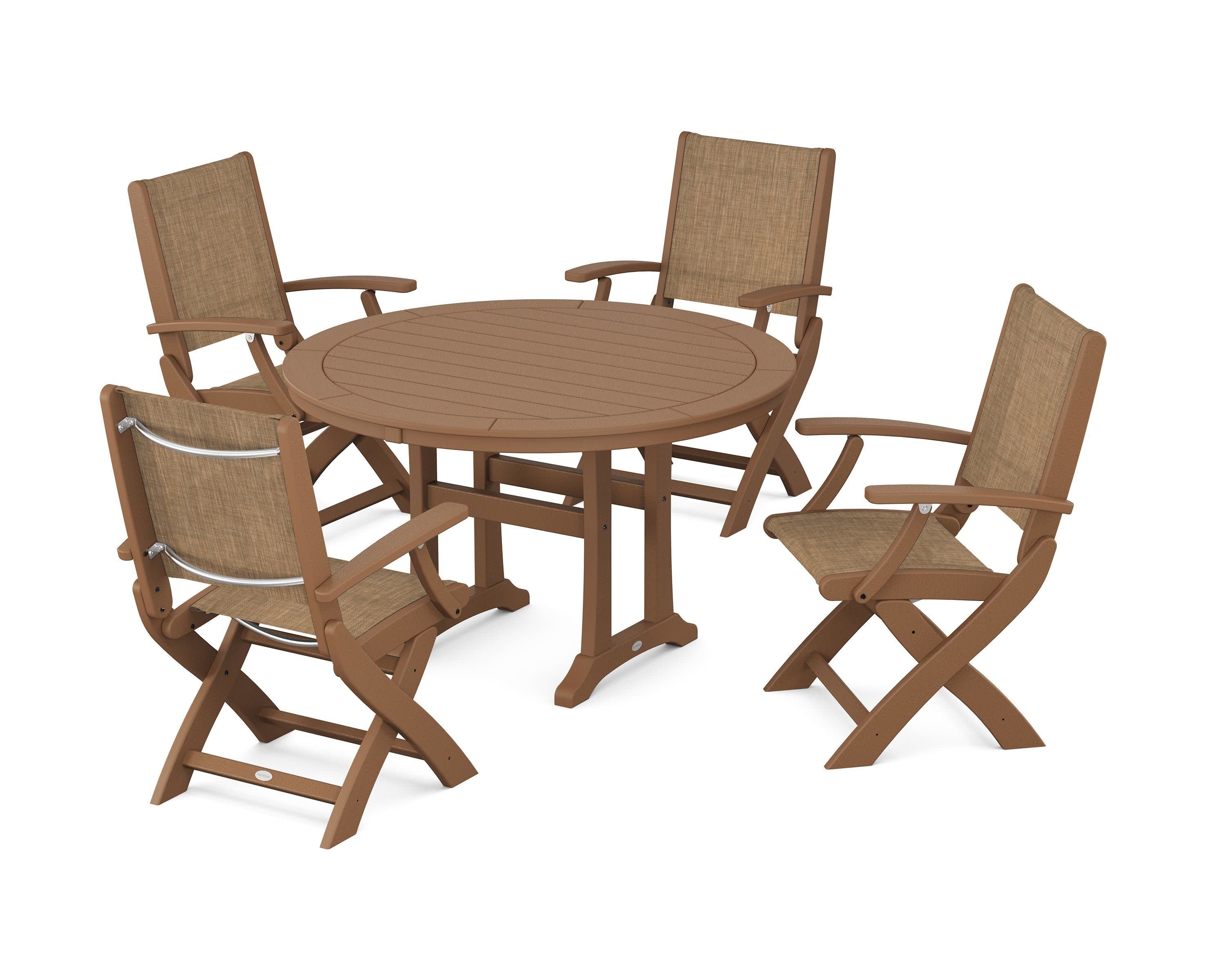 Coastal Folding Chair 5-Piece Round Dining Set with Trestle Legs in Teak / Burlap Sling