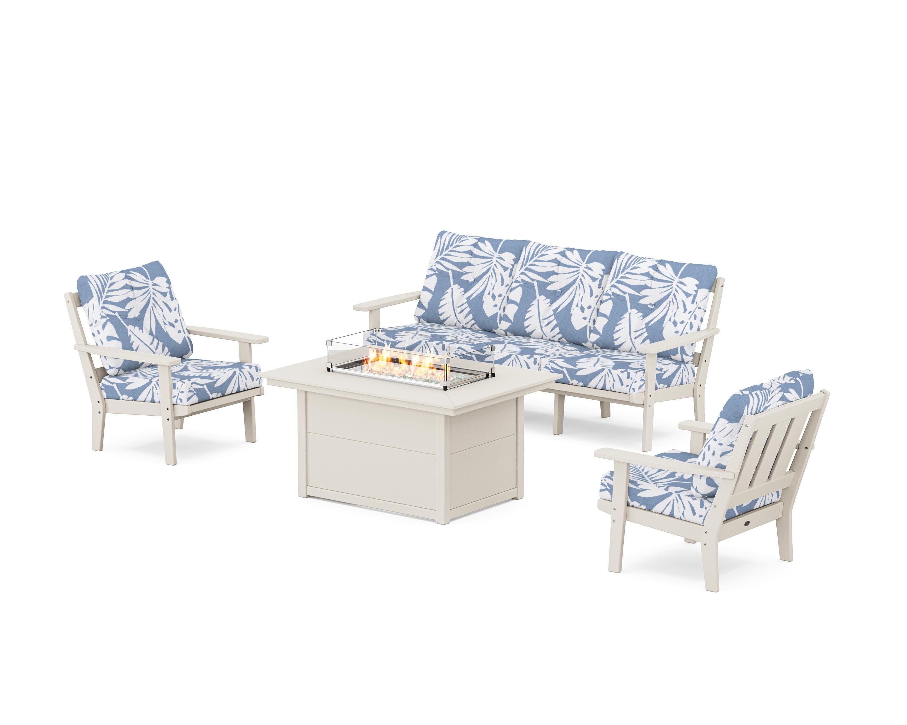 Oxford Deep Seating Fire Pit Table Set in Sand / Leaf Sky Blue