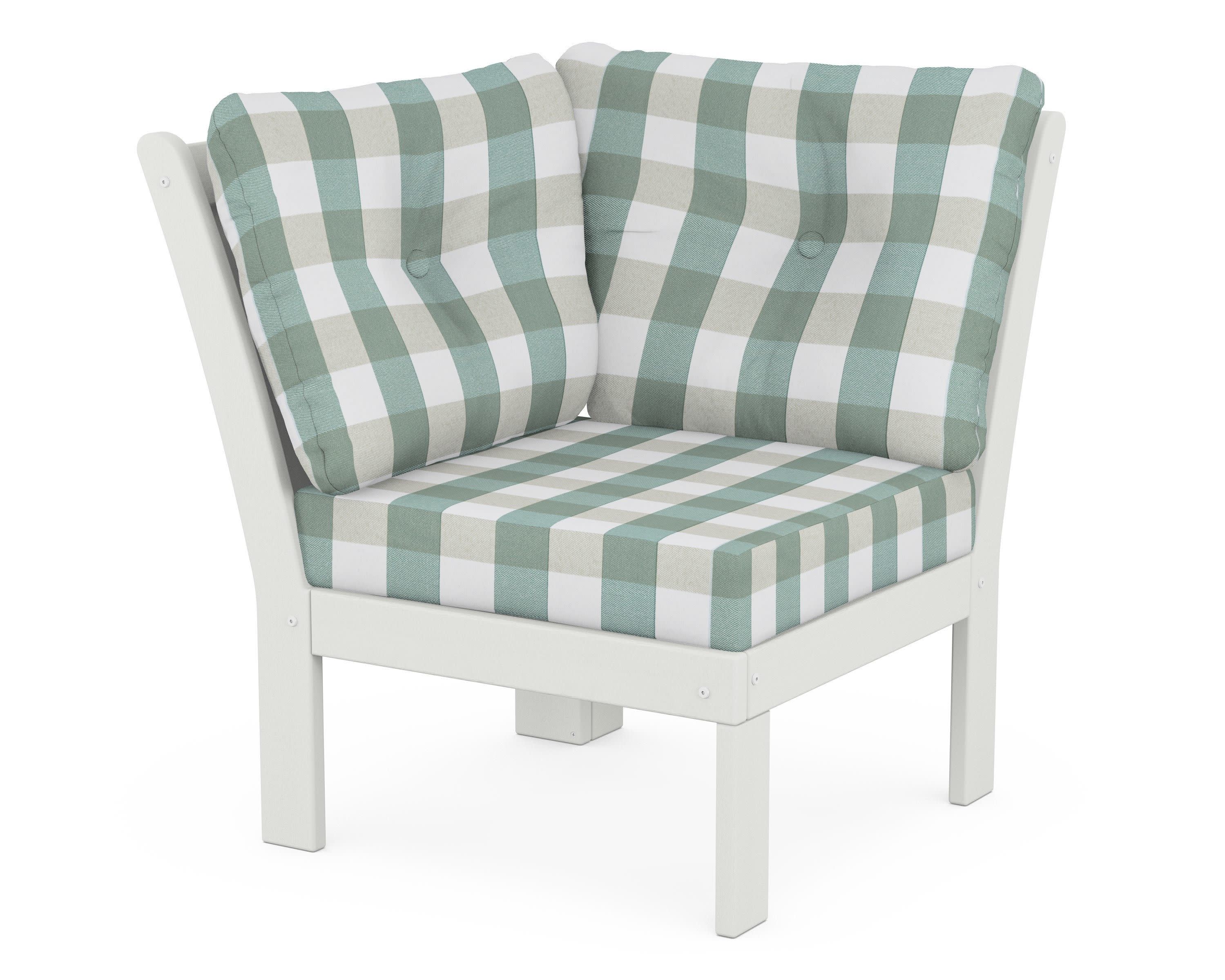 Vineyard Modular Corner Chair in Vintage White / Buffalo Plaid Glacier Spa