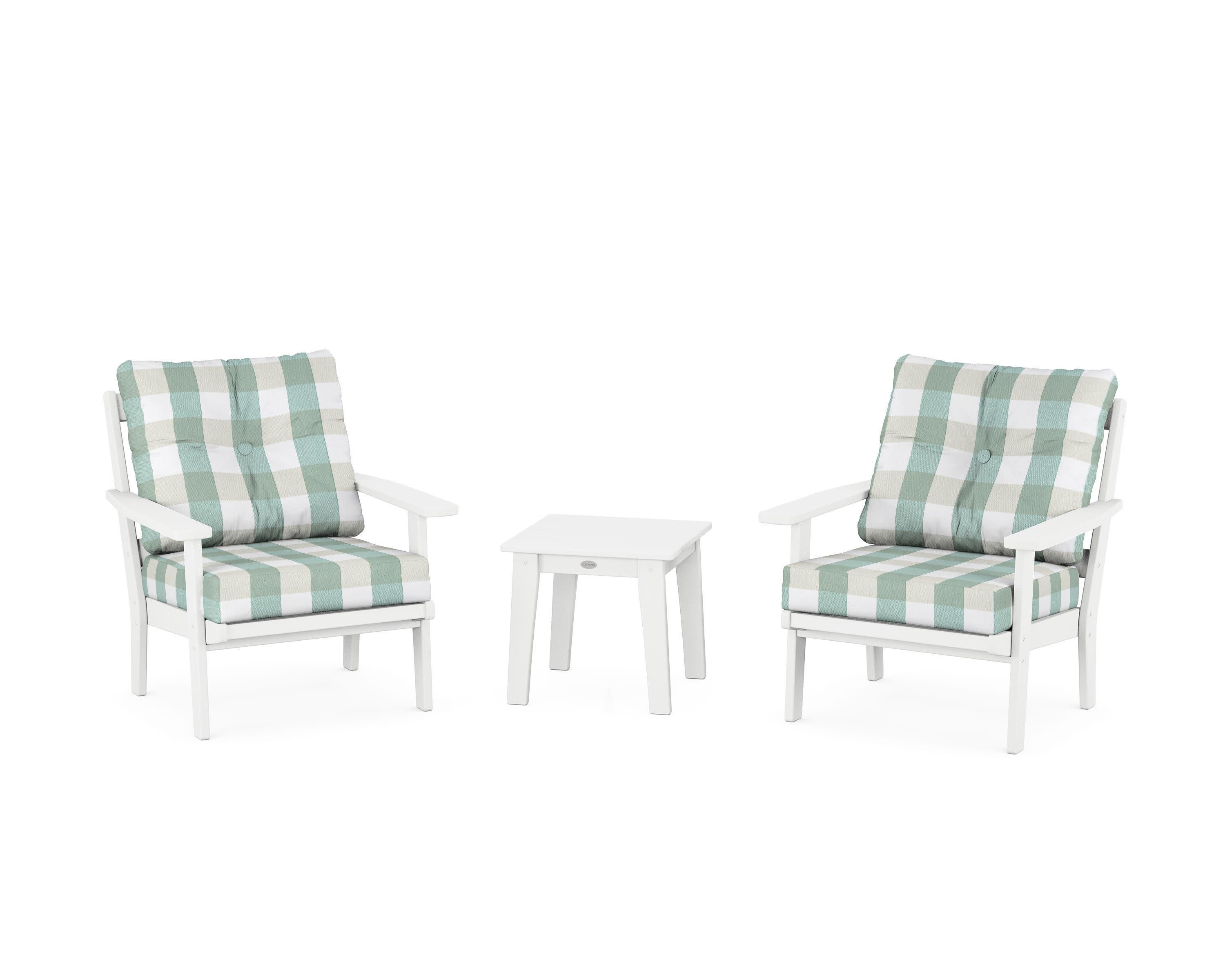 Oxford 3-Piece Deep Seating Set in White / Buffalo Plaid Glacier Spa