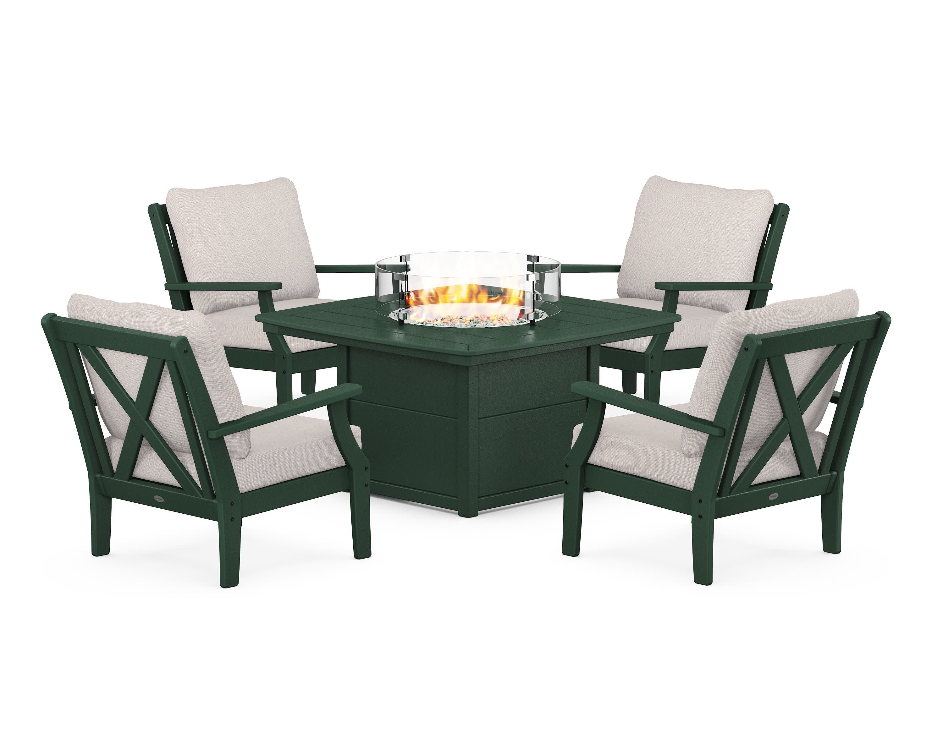 Braxton 5-Piece Deep Seating Conversation Set with Fire Pit Table in Green / Dune Burlap