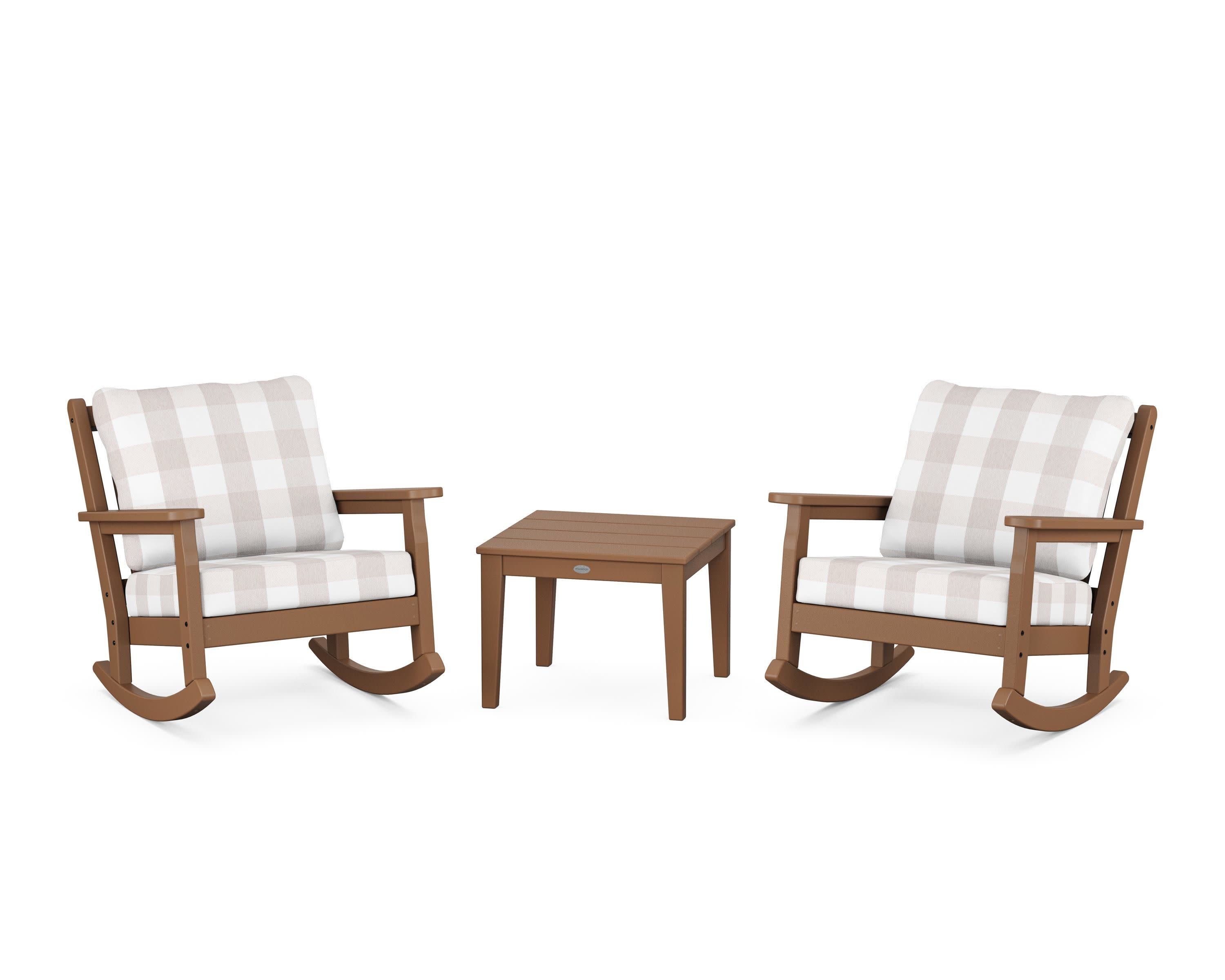 Chippendale 3-Piece Deep Seating Rocker Set in Teak / Buffalo Plaid Dune Burlap