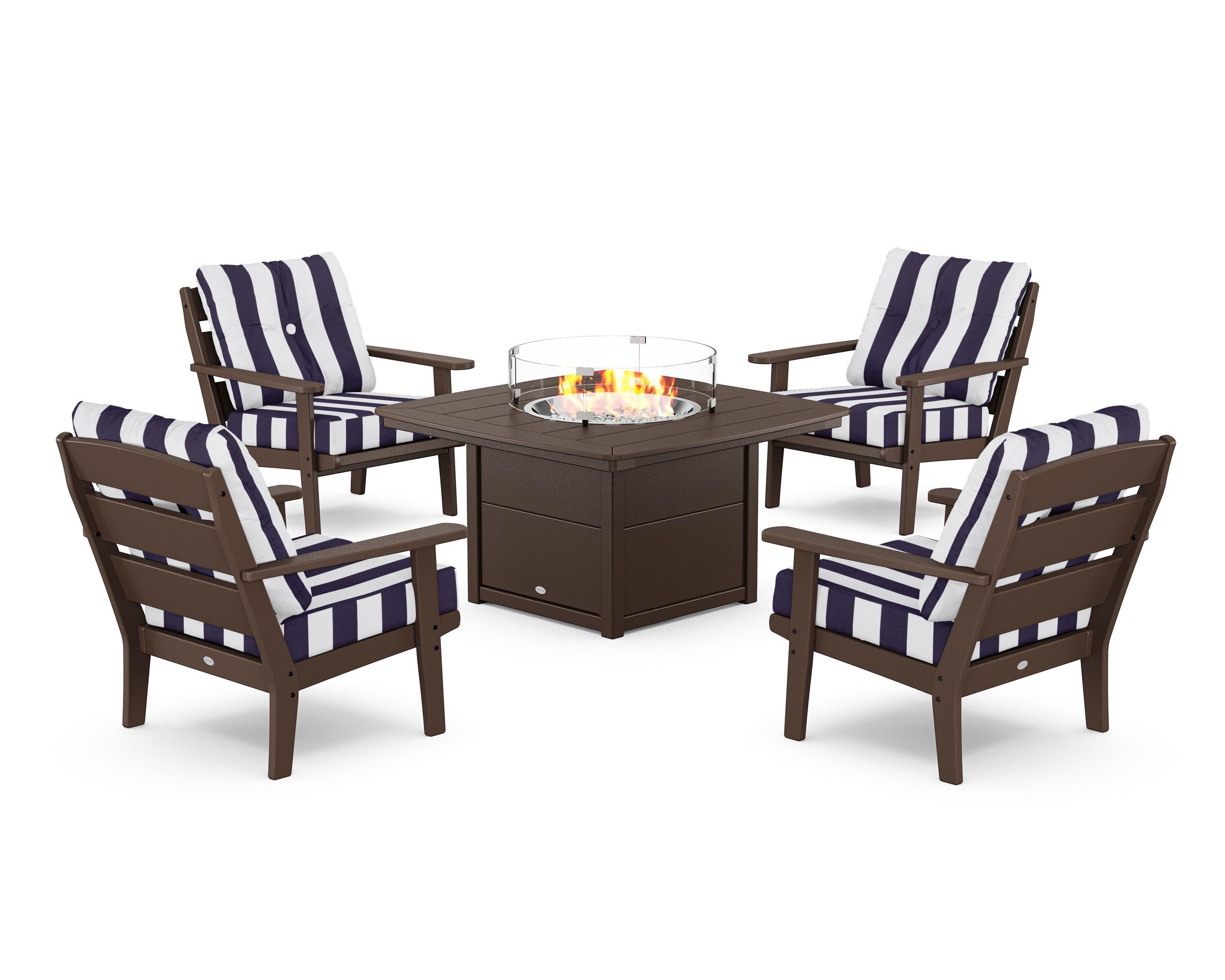 Lakeside 5-Piece Deep Seating Set with Nautical Fire Pit Table in Mahogany / Cabana Stripe Navy