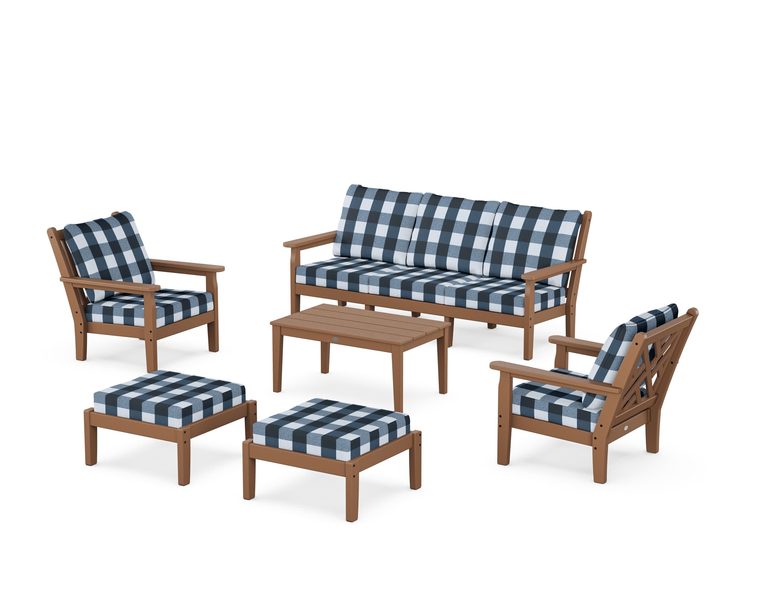 Chippendale 6-Piece Lounge Sofa Set in Teak / Buffalo Plaid Marine Indigo