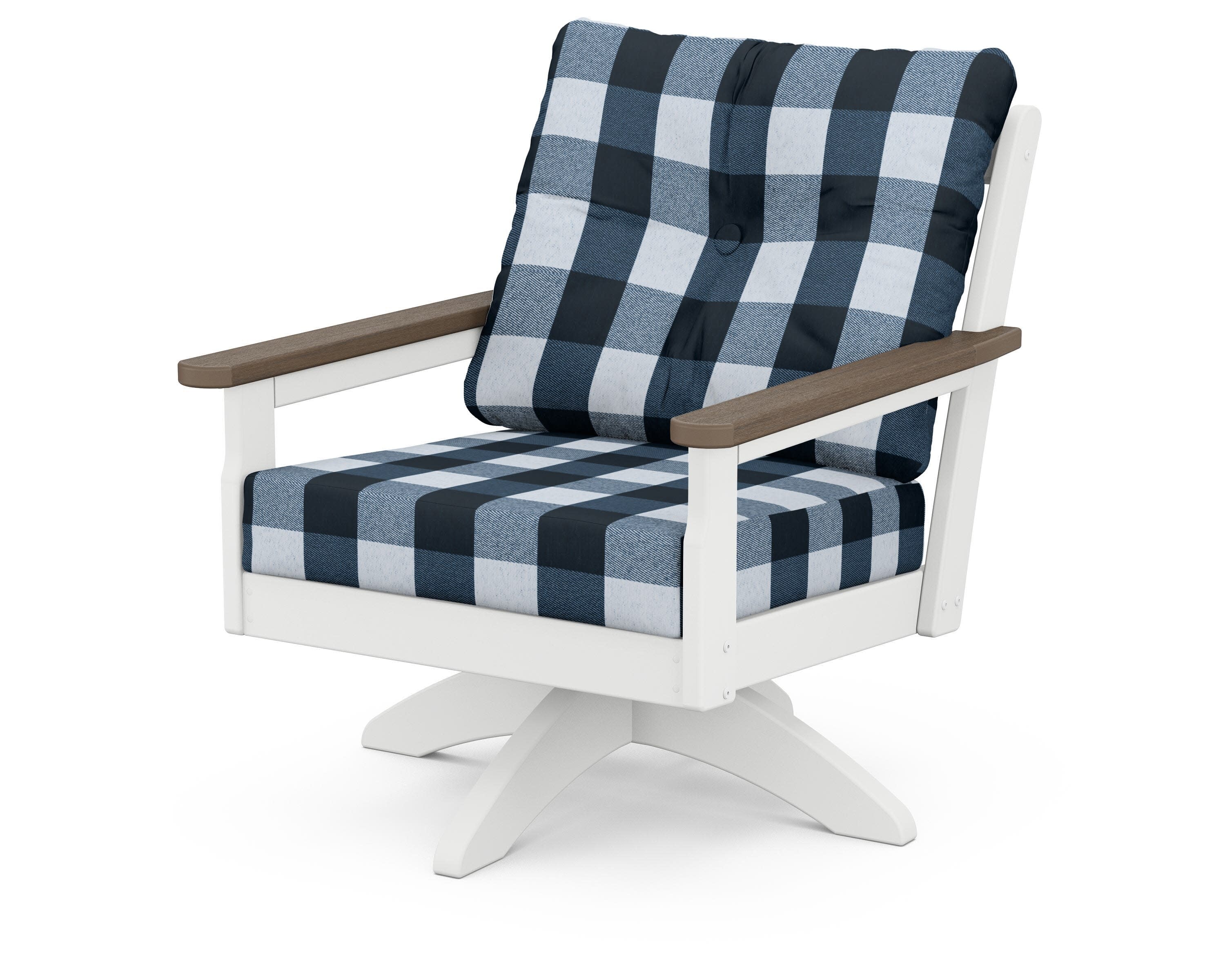 Vineyard Deep Seating Swivel Chair in White / Kona / Buffalo Plaid Marine Indigo