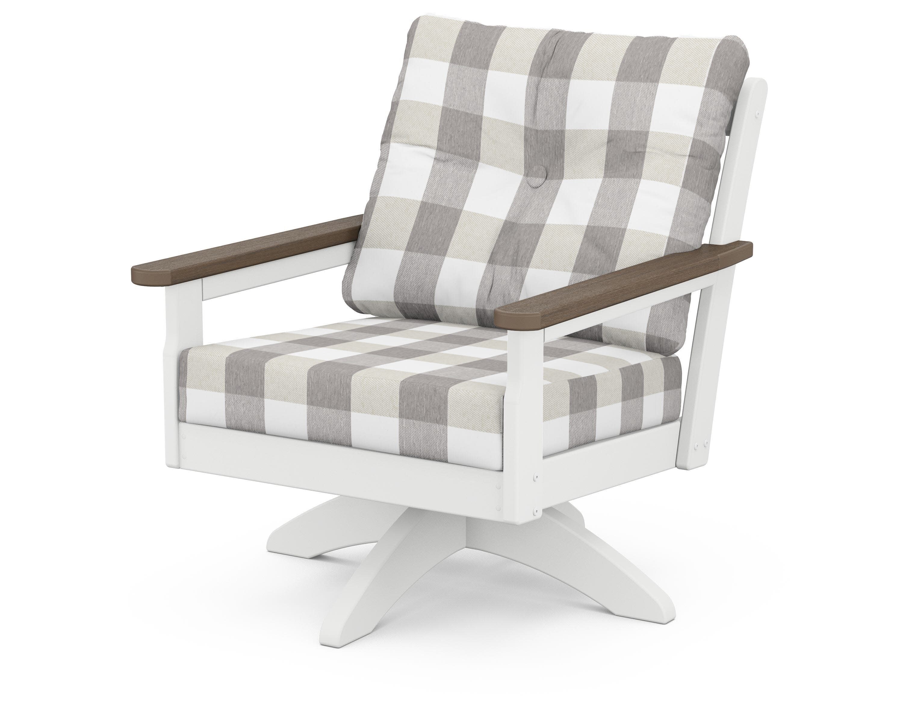 Vineyard Deep Seating Swivel Chair in White / Kona / Buffalo Plaid Grey Mist