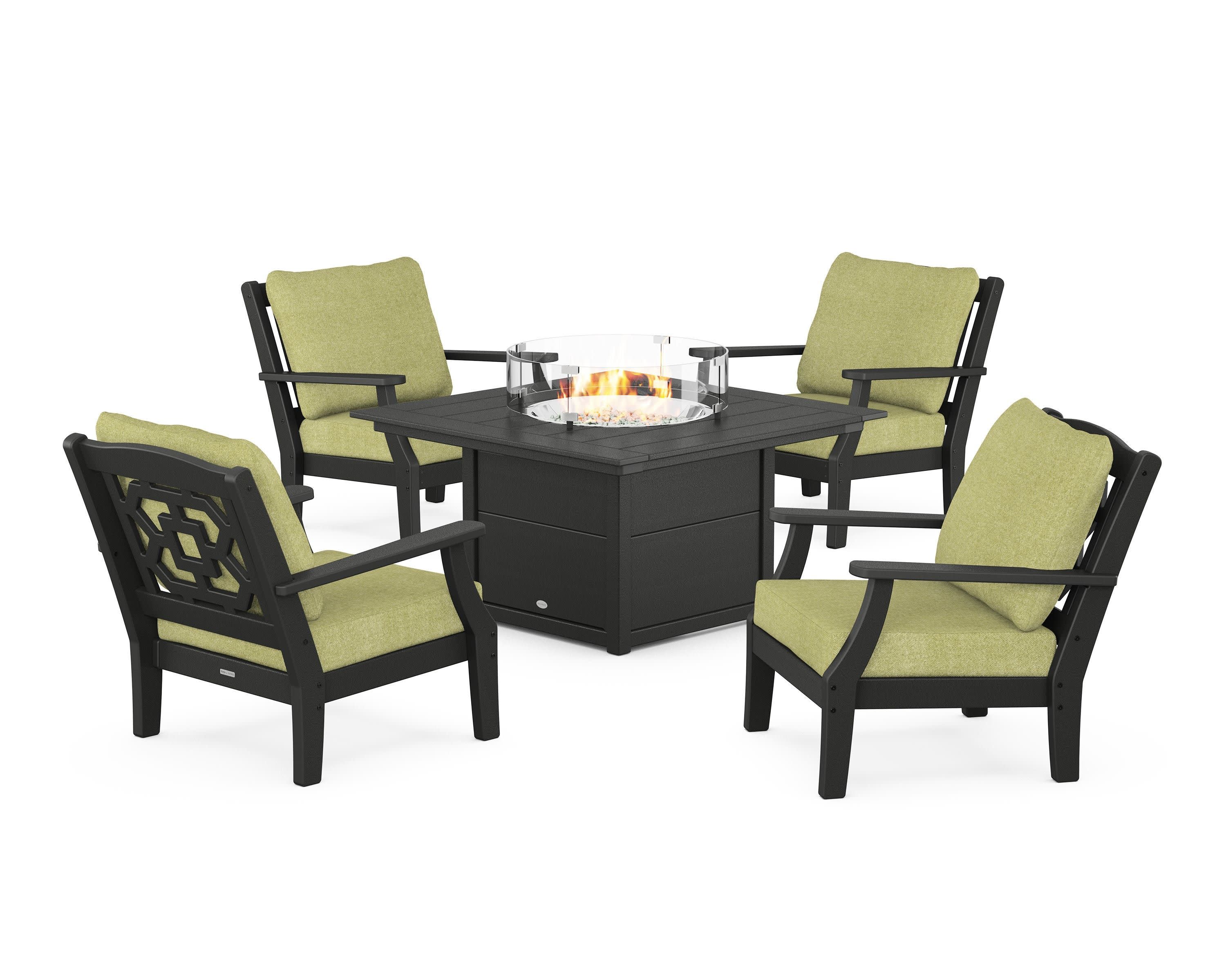 Chinoiserie 5-Piece Deep Seating Set with Fire Pit Table in Black / Chartreuse Boucle