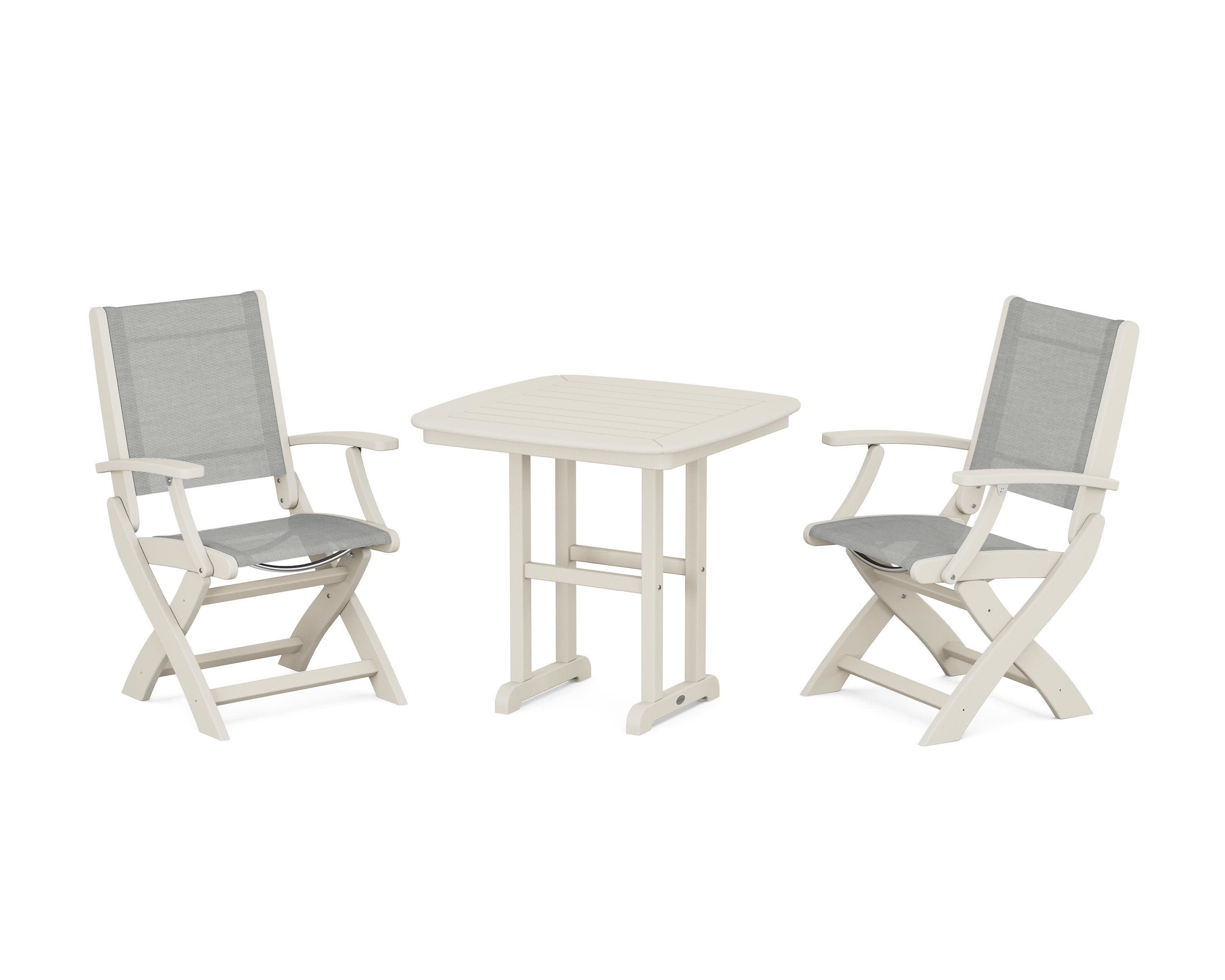 Coastal Folding Chair 3-Piece Dining Set in Sand / Metallic Sling