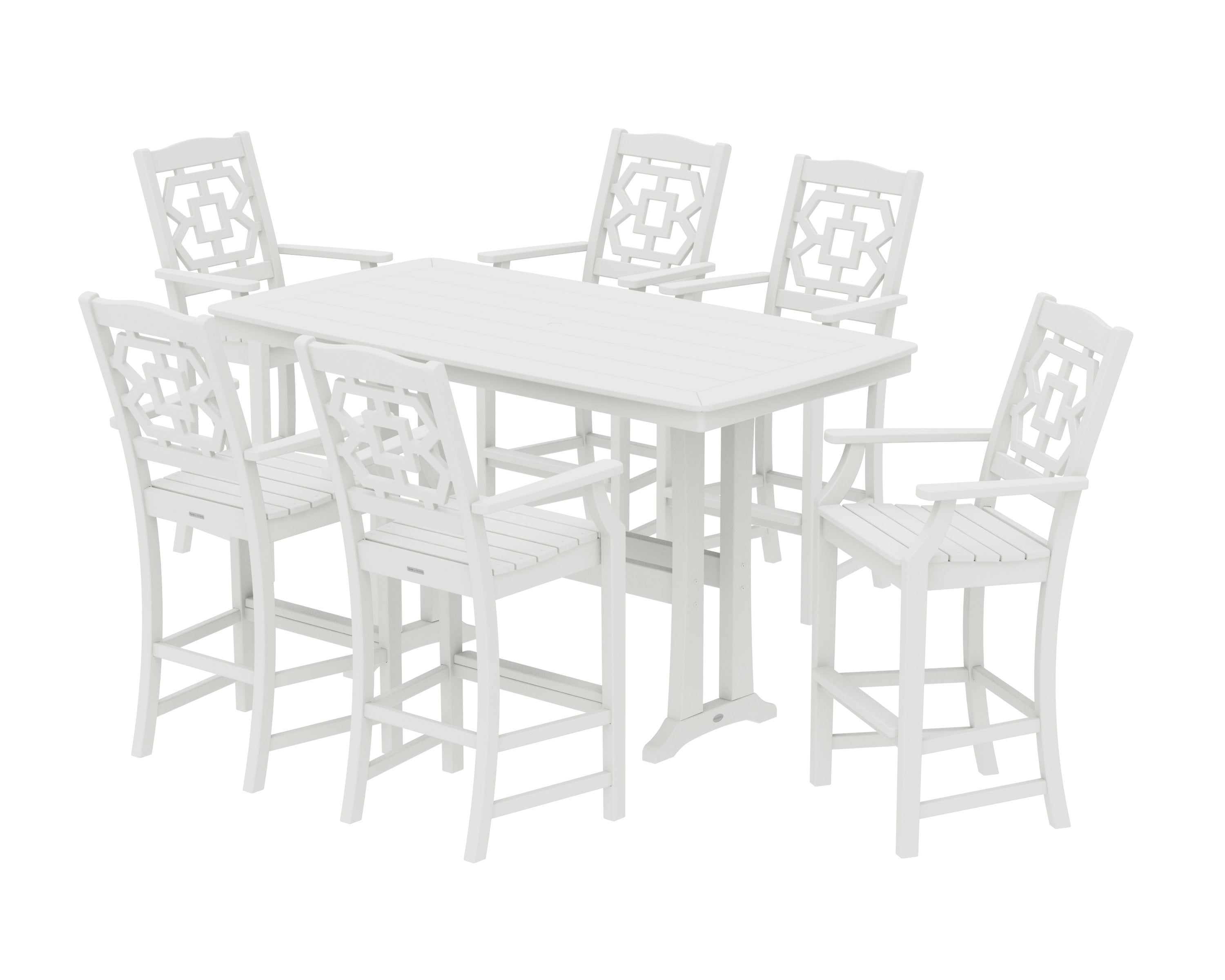 Chinoiserie Arm Chair 7-Piece Bar Set with Trestle Legs in Vintage White