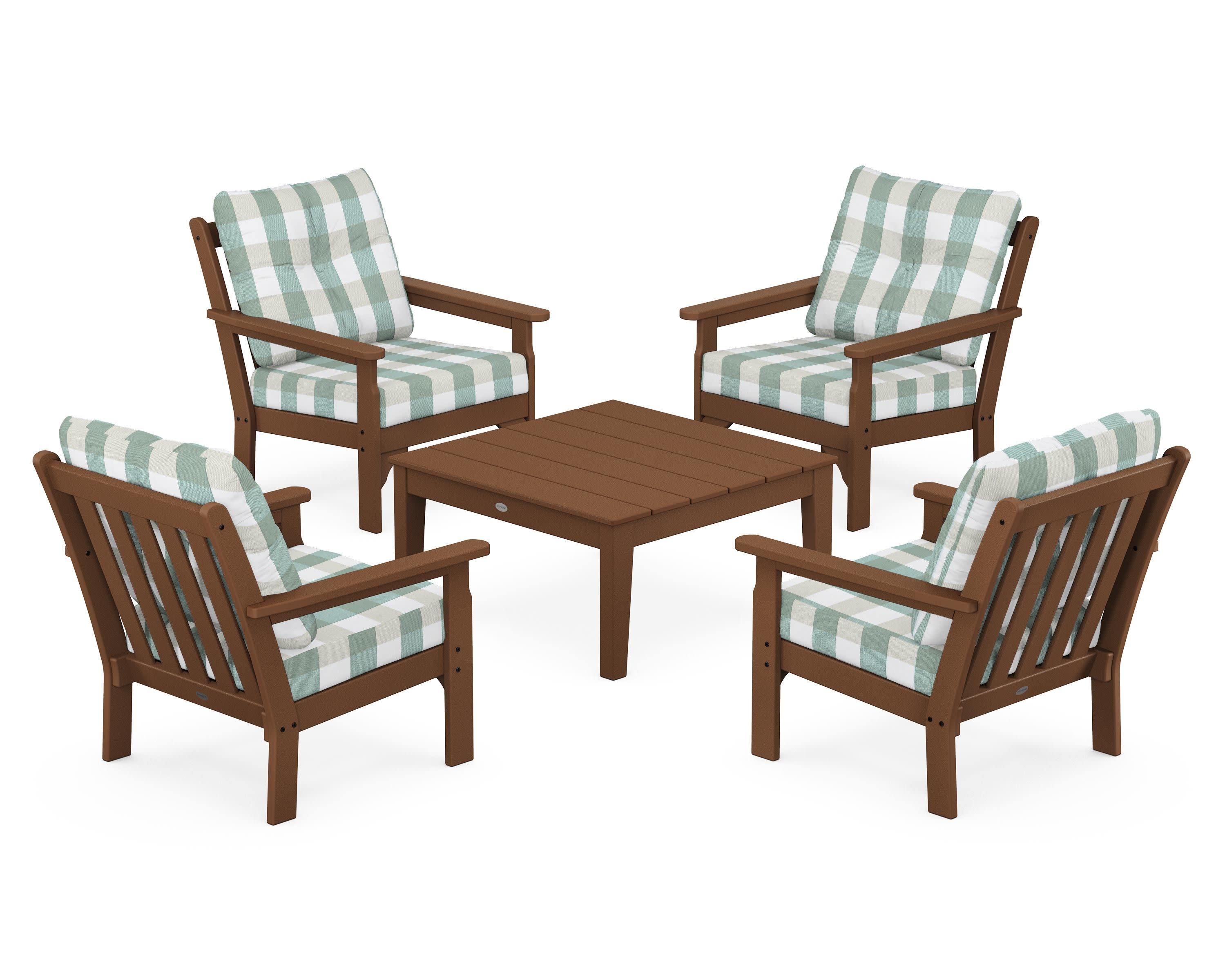 Vineyard 5-Piece Deep Seating Conversation Set in Teak / Buffalo Plaid Glacier Spa