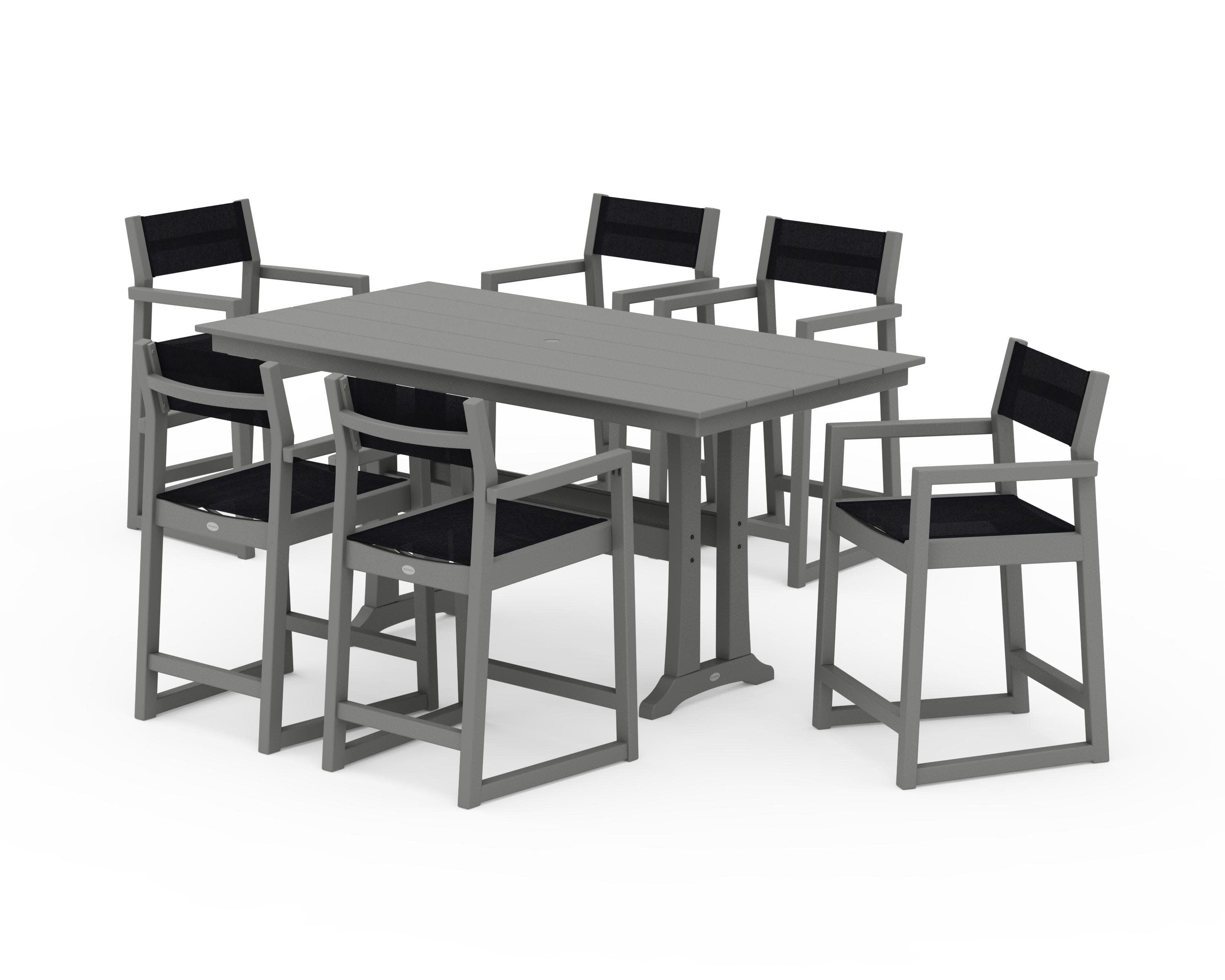 EDGE Sling Arm Chair 7-Piece Farmhouse Counter Set with Trestle Legs in Slate Grey / Black Sling