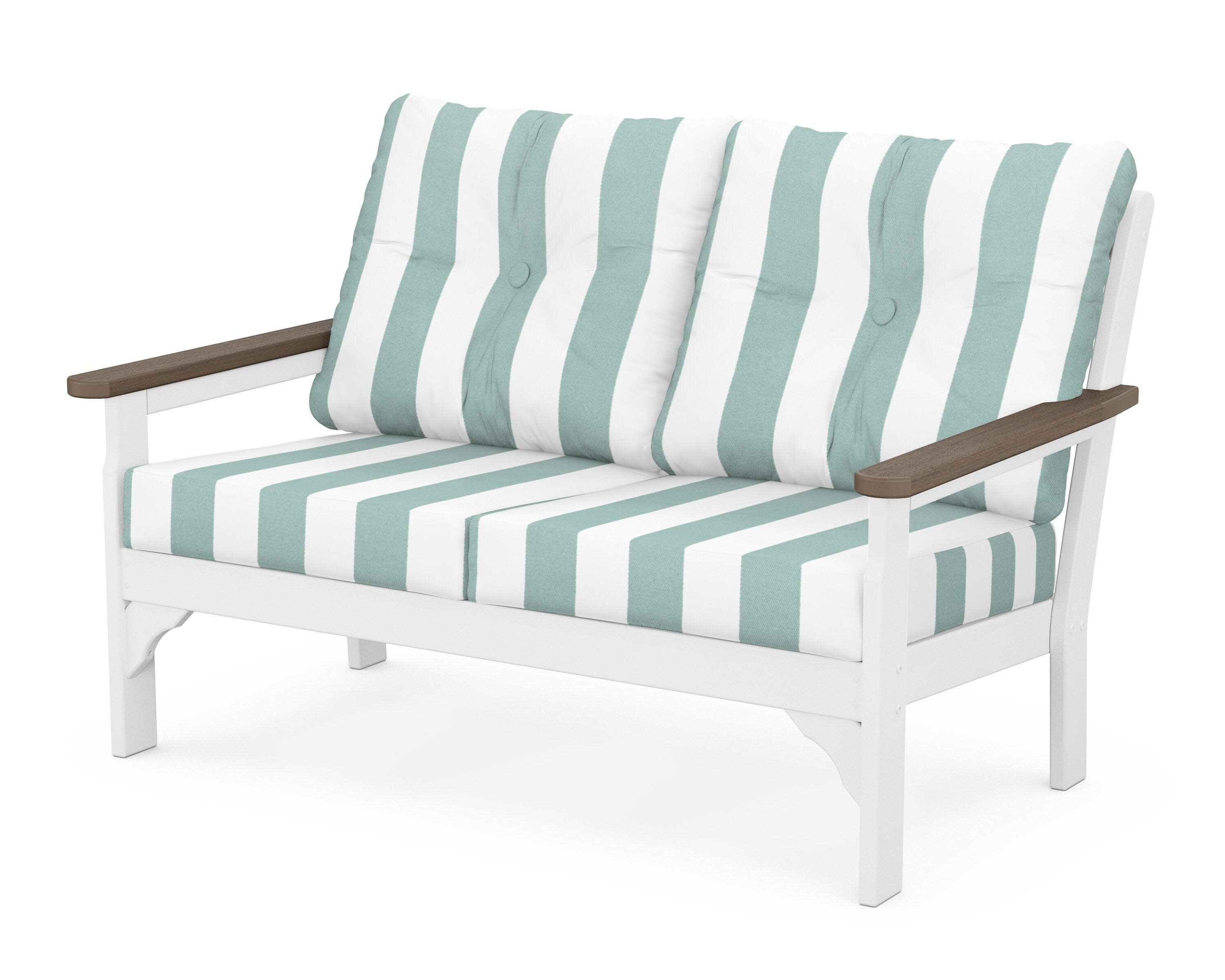 Vineyard Deep Seating Loveseat in White / Kona / Cabana Stripe Glacier Spa