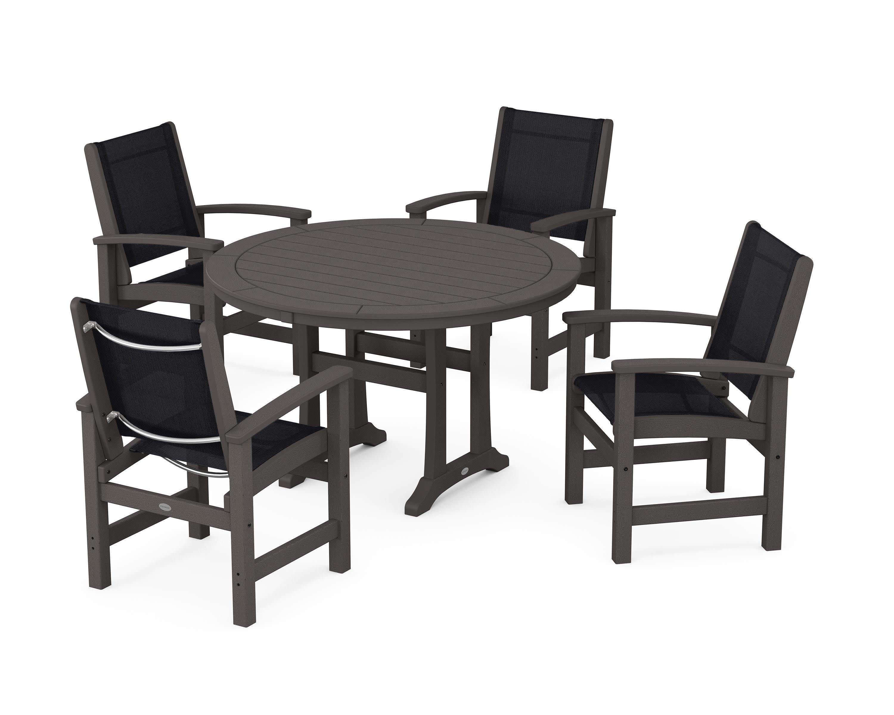 Coastal 5-Piece Round Dining Set with Trestle Legs in Vintage Coffee / Black Sling