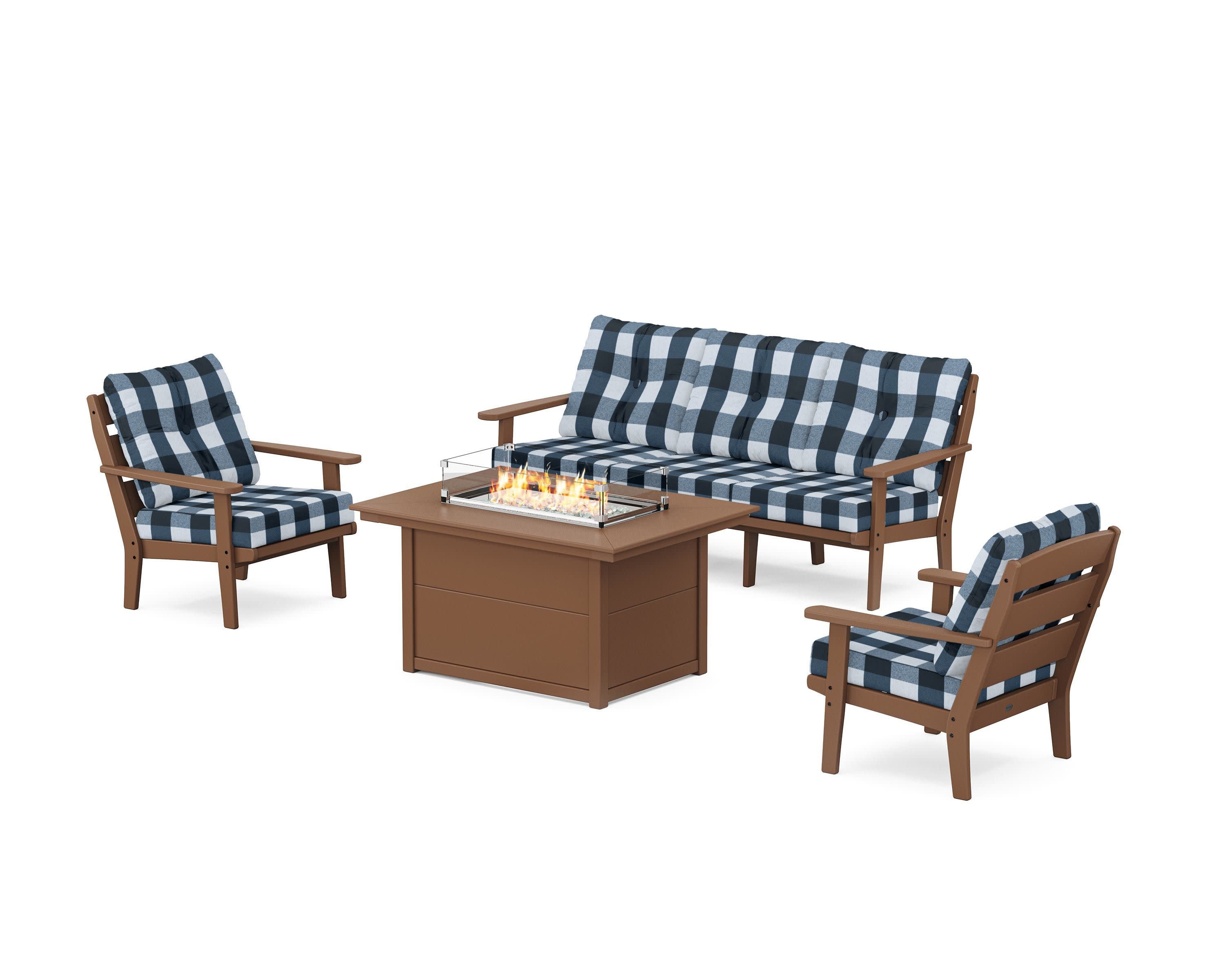 Lakeside Deep Seating Fire Pit Table Set in Teak / Buffalo Plaid Marine Indigo