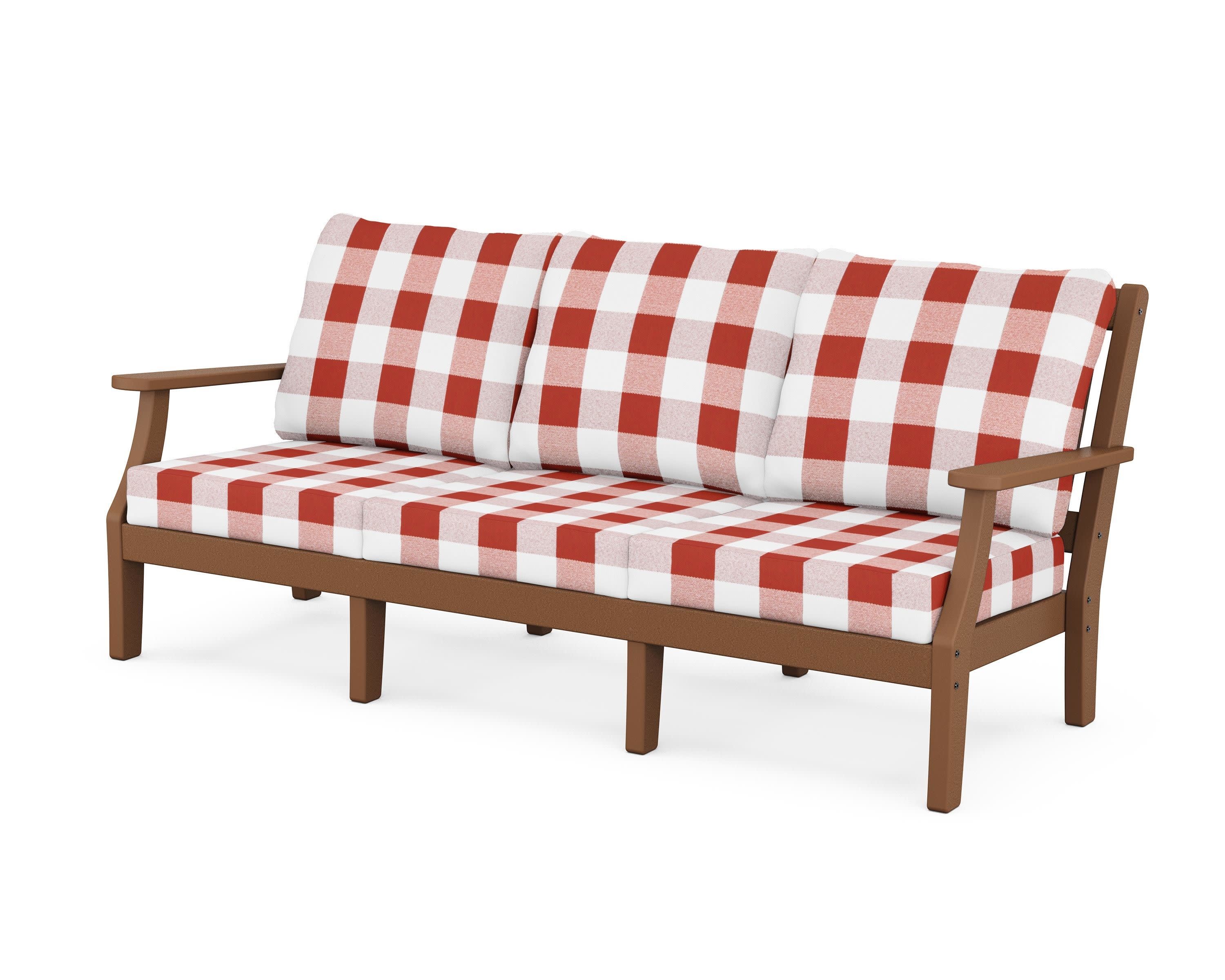 Chinoiserie Deep Seating Sofa in Teak / Buffalo Plaid Crimson