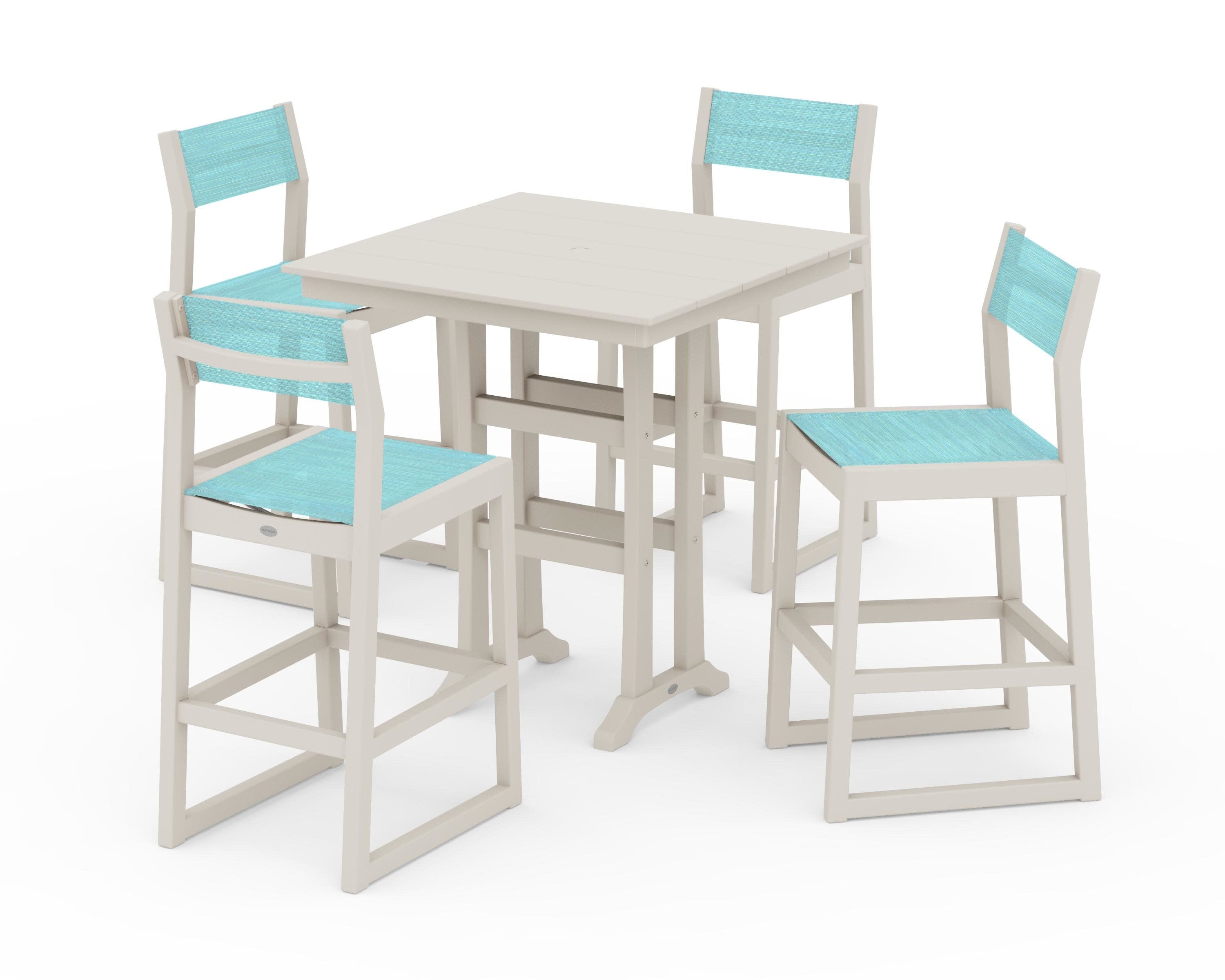 EDGE Sling Arm Chair 5-Piece Farmhouse Bar Set with Trestle Legs in Sand / Dupioni Aquamarine Sling
