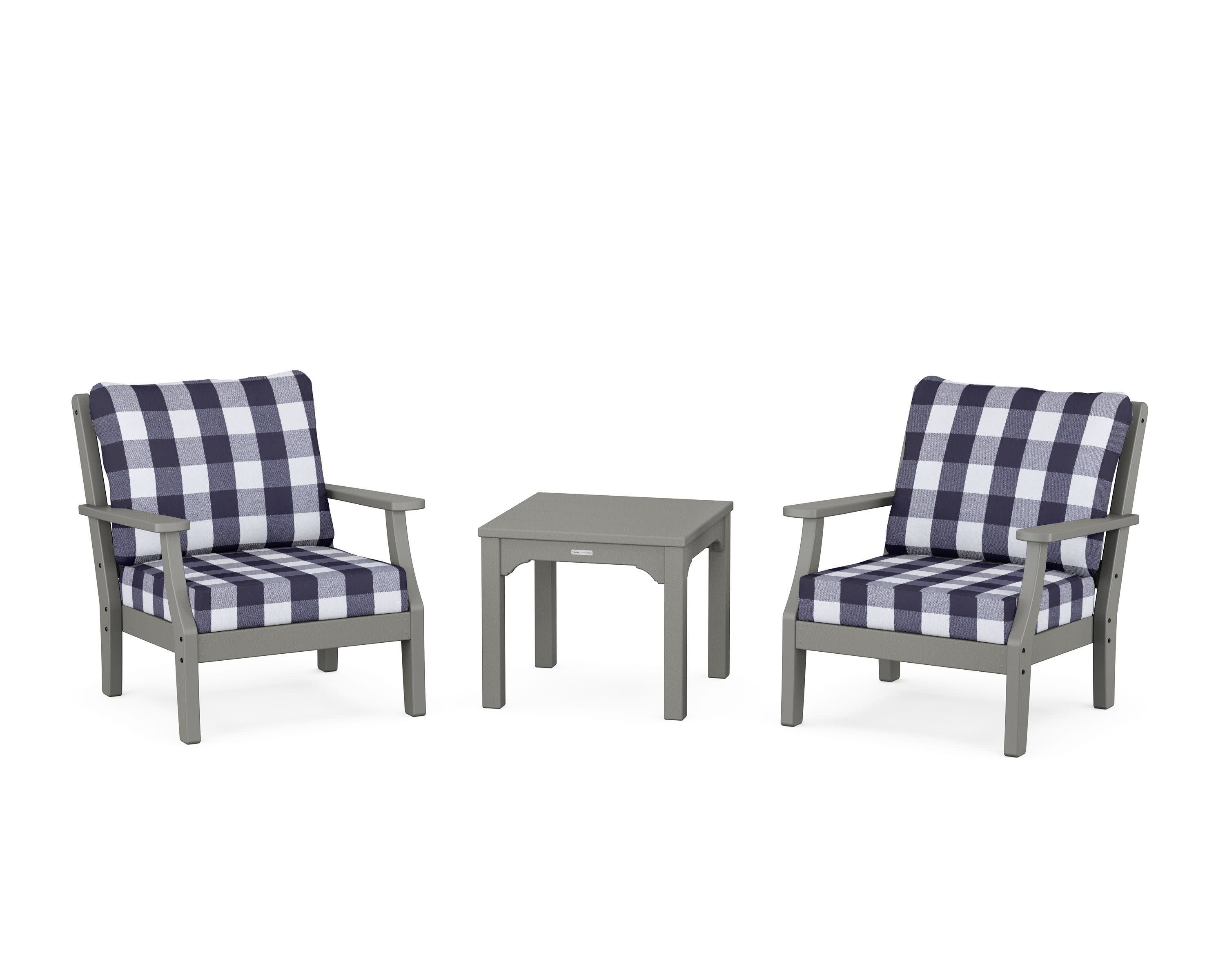 Chinoiserie 3-Piece Deep Seating Set in Slate Grey / Buffalo Plaid Navy