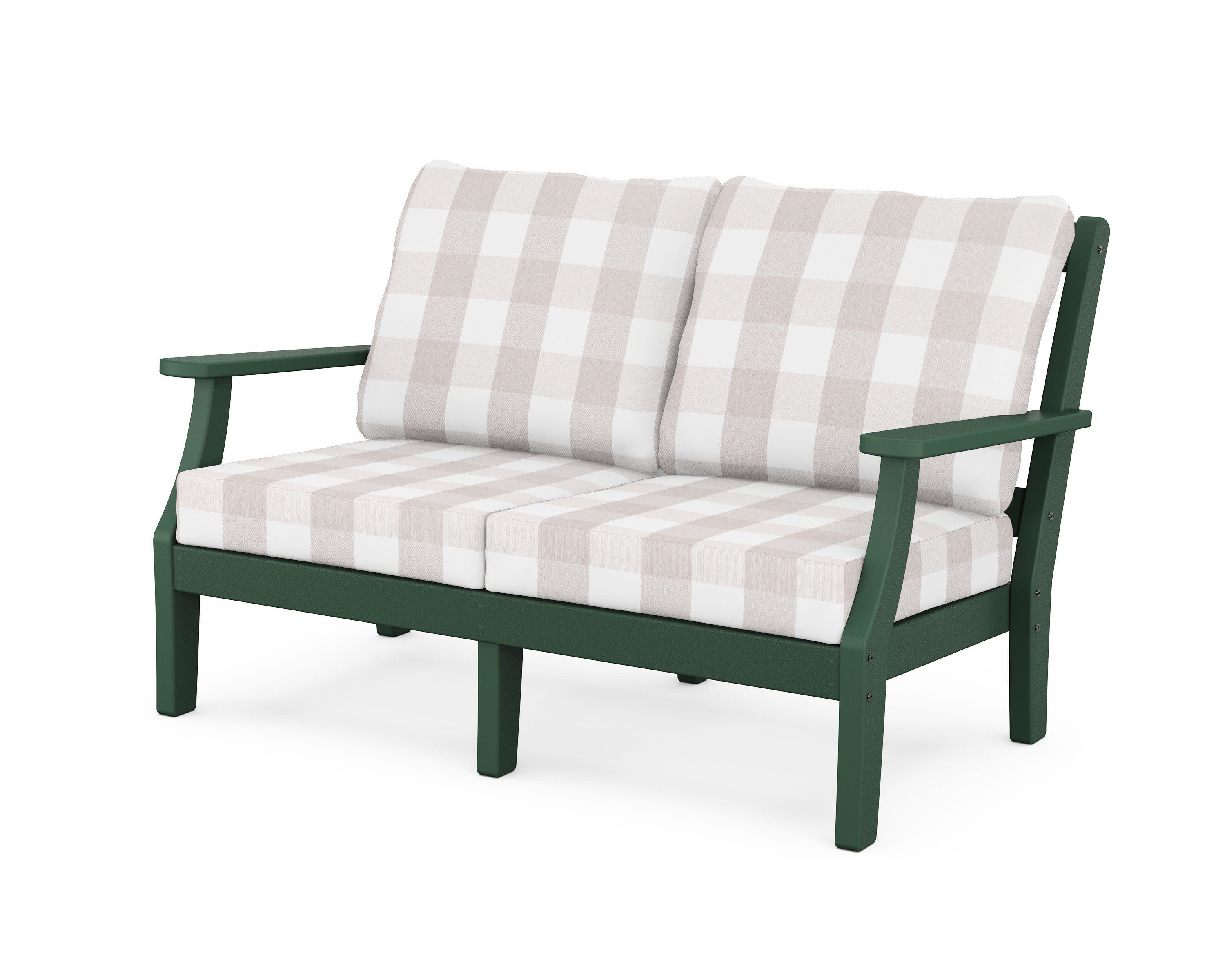 Chinoiserie Deep Seating Loveseat in Green / Buffalo Plaid Dune Burlap