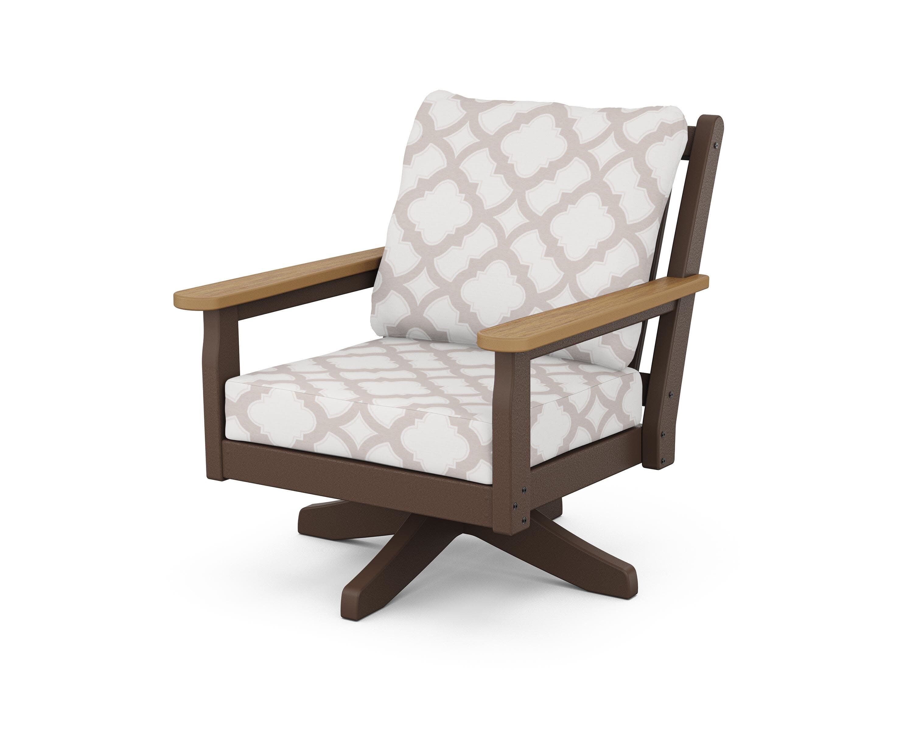 Chippendale Deep Seating Swivel Chair in Mahogany / Natural / Trellis Dune Burlap