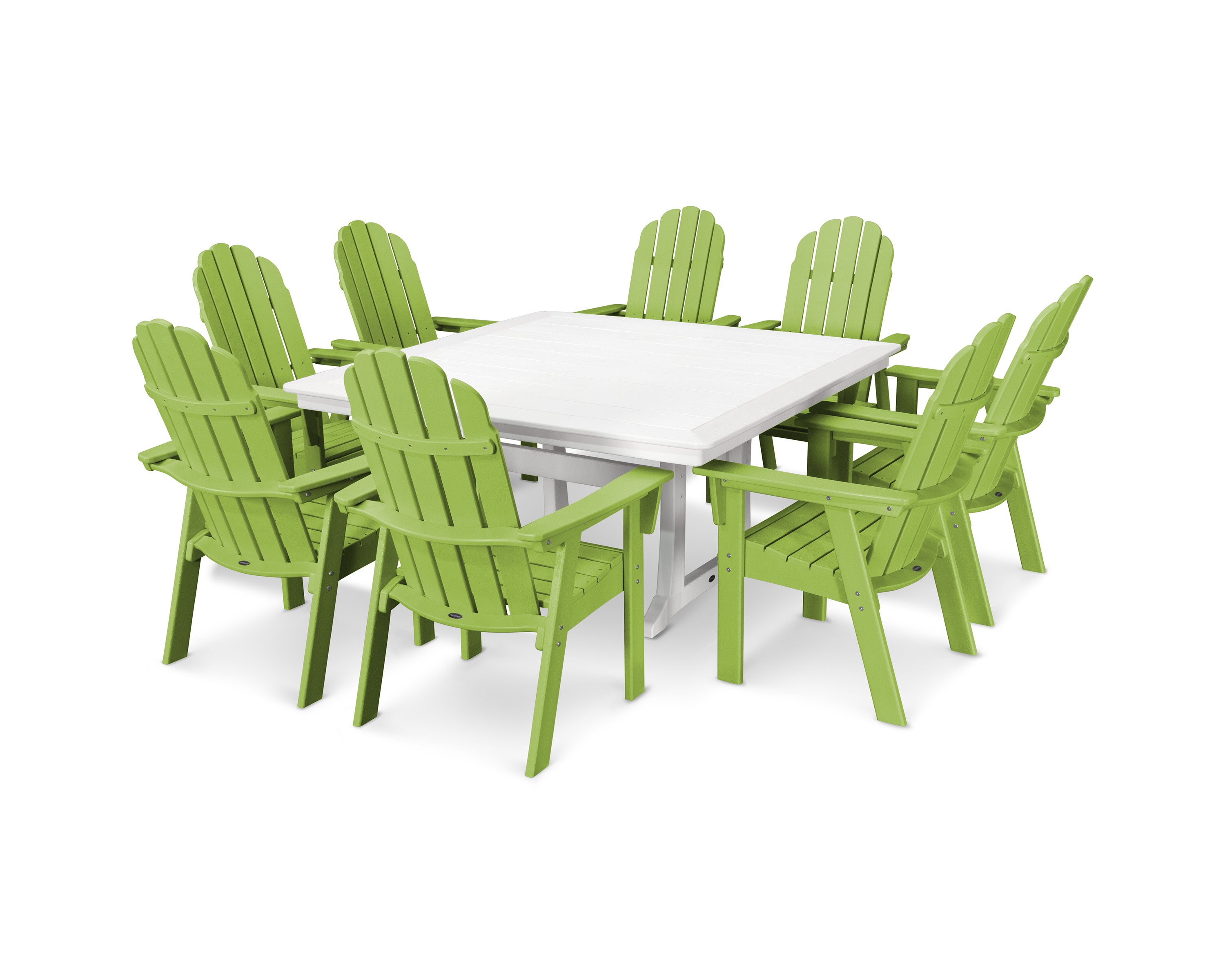 Vineyard Curveback Adirondack 9-Piece Nautical Trestle Dining Set in Lime / White