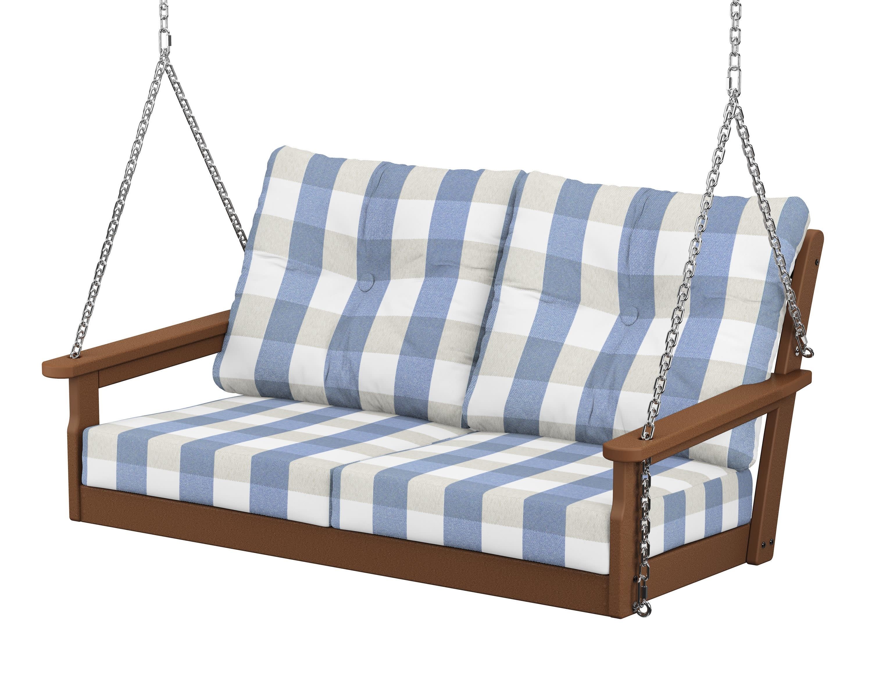 Vineyard Deep Seating Swing in Teak / Buffalo Plaid Sky Blue