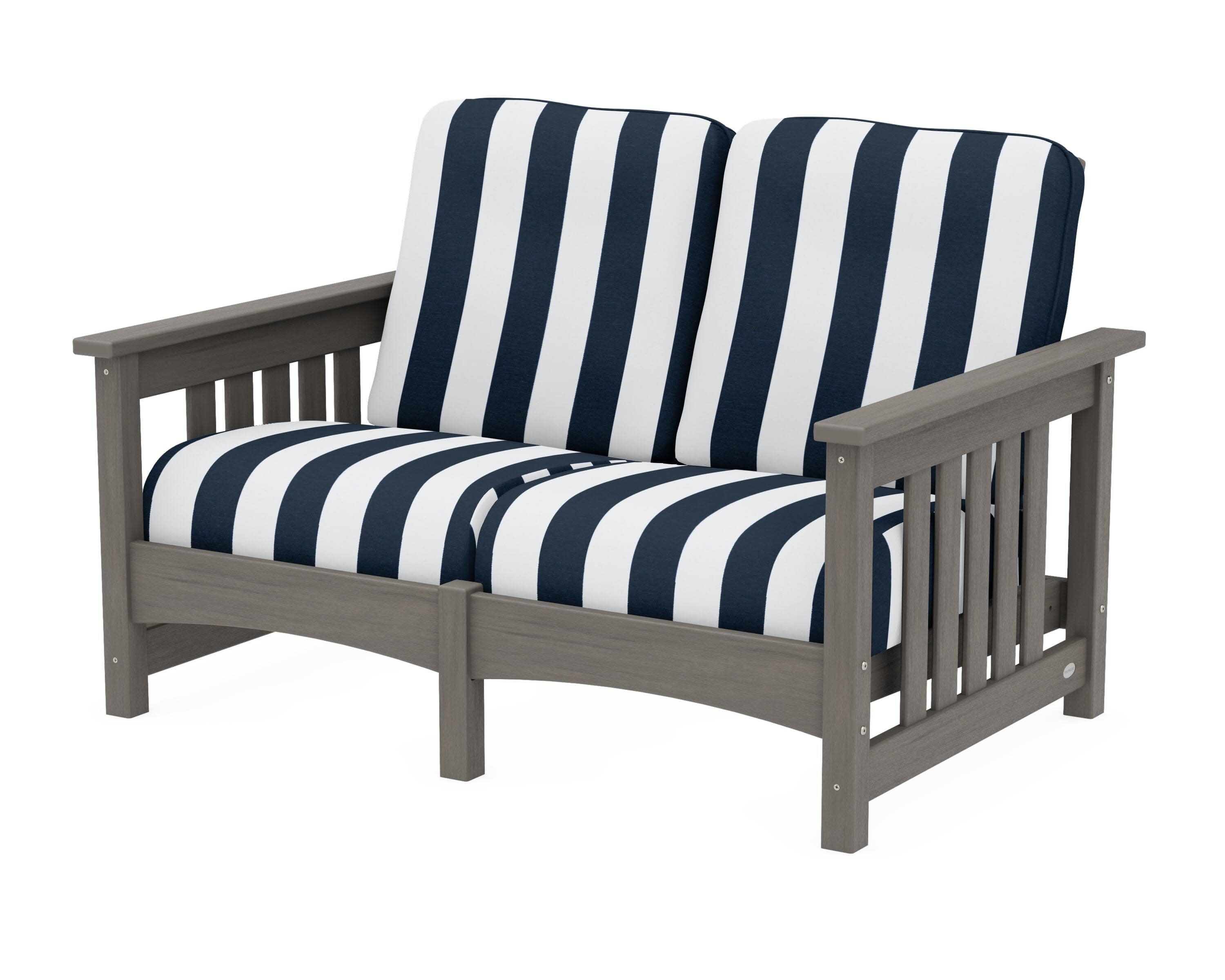 Club Mission Loveseat in Driftwood / Cabana Stripe Marine Indigo
