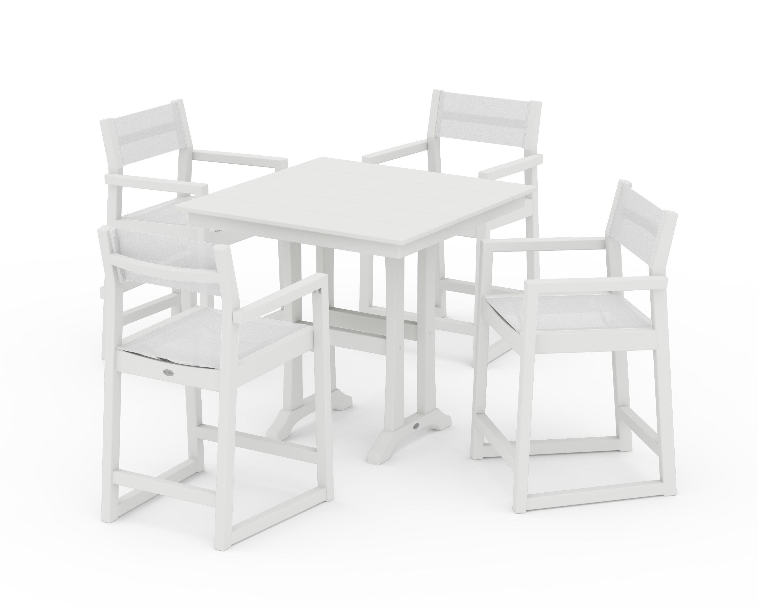 EDGE Sling Arm Chair 5-Piece Farmhouse Counter Set with Trestle Legs in Vintage White / White Sling