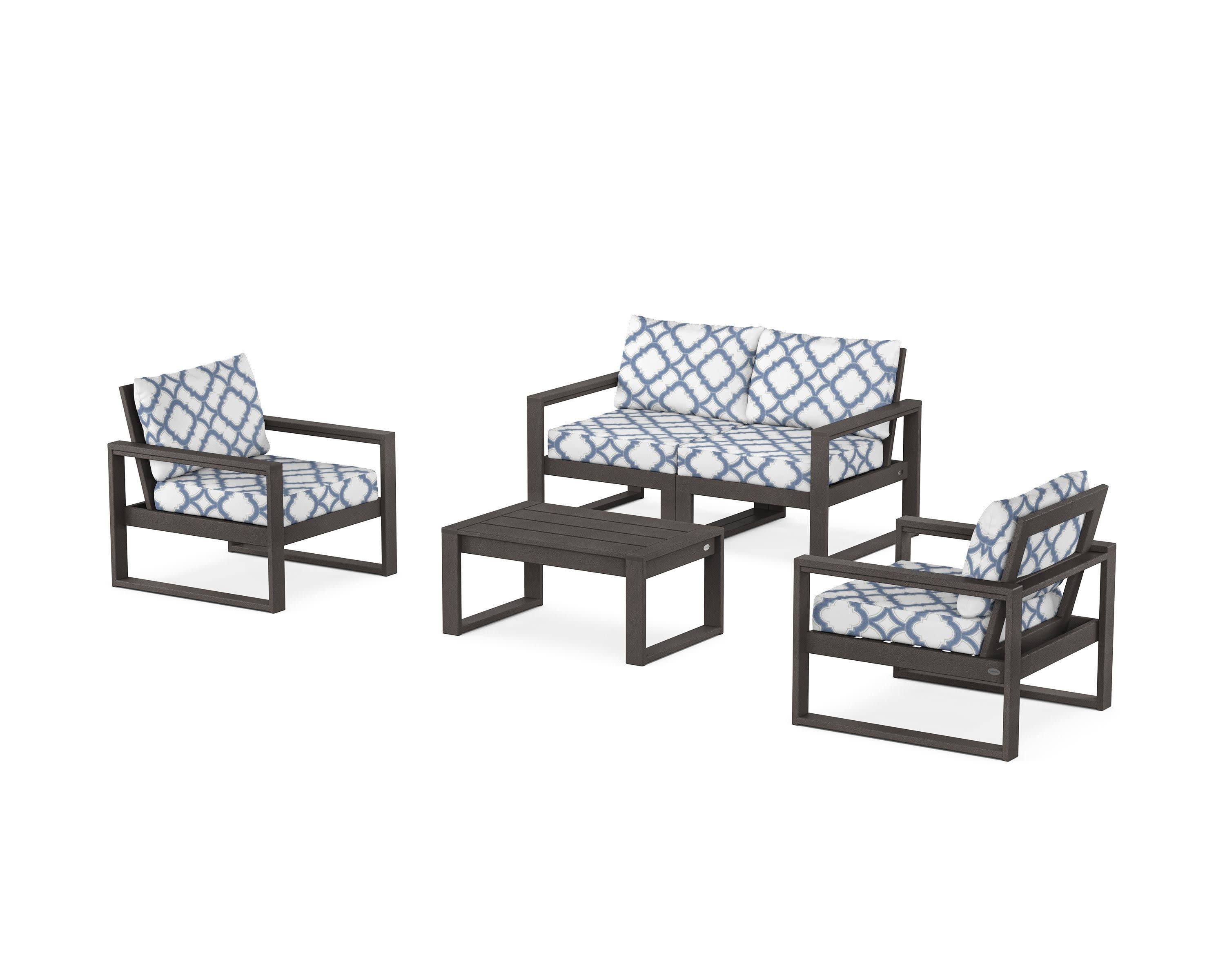 EDGE Sectional 4-Piece Deep Seating Set with Loveseat in Vintage Coffee / Trellis Sky Blue
